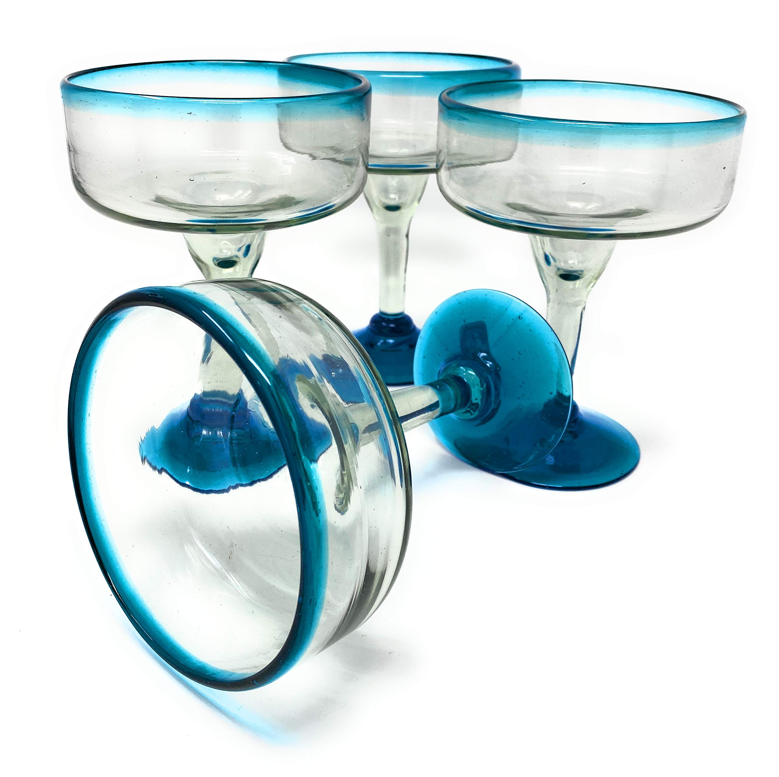 Mexican Hand Blown Glass – Set of 4 Hand Blown Margarita Glasses (16 oz) with Aqua Blue Rims