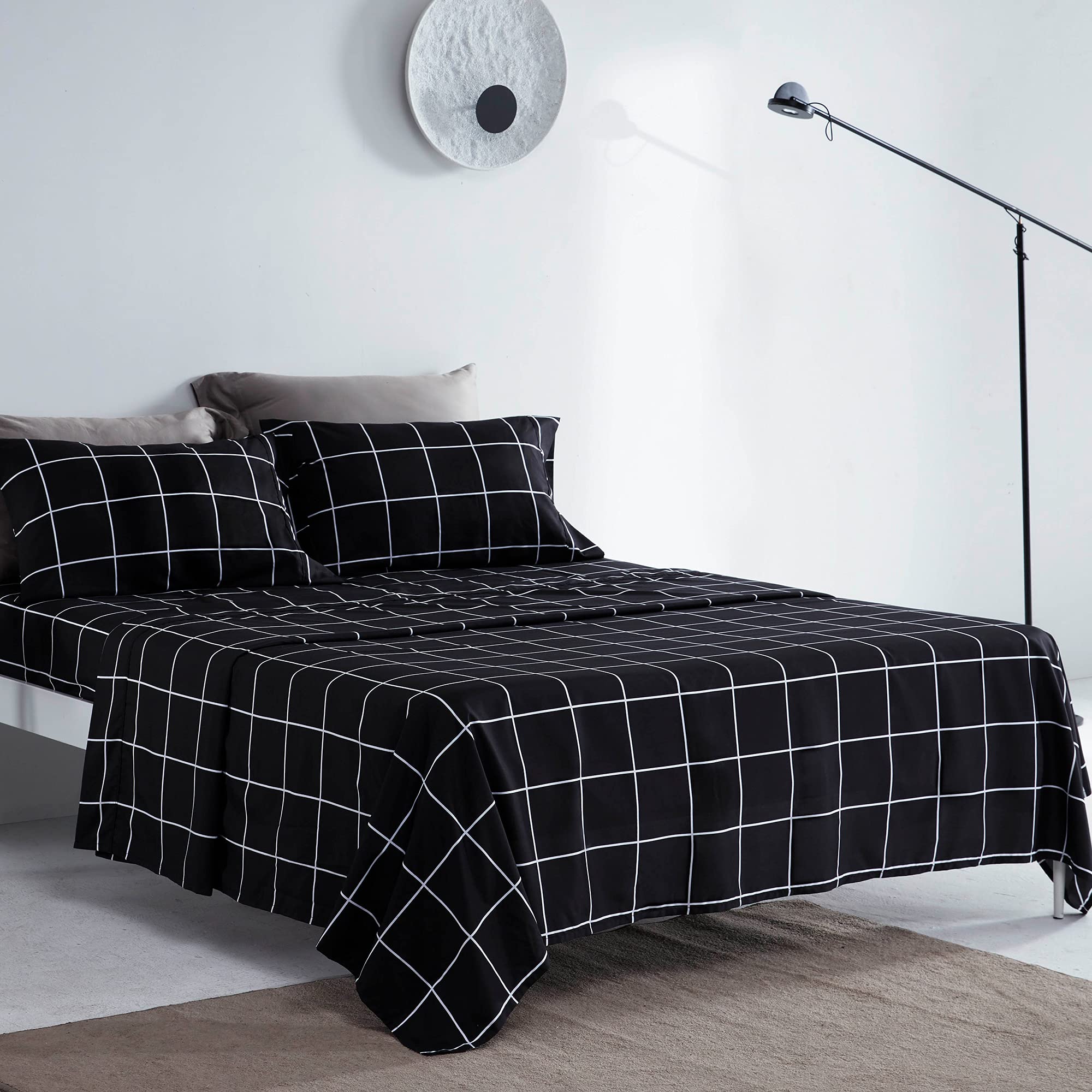 SLEEP ZONE Printed Plaid Twin Sheet Set 3 Piece - Double Brushed Microfiber Super Soft Breathable Bedding Sheets with 16 inch Deep Pocket (White Grid Printed on Black)