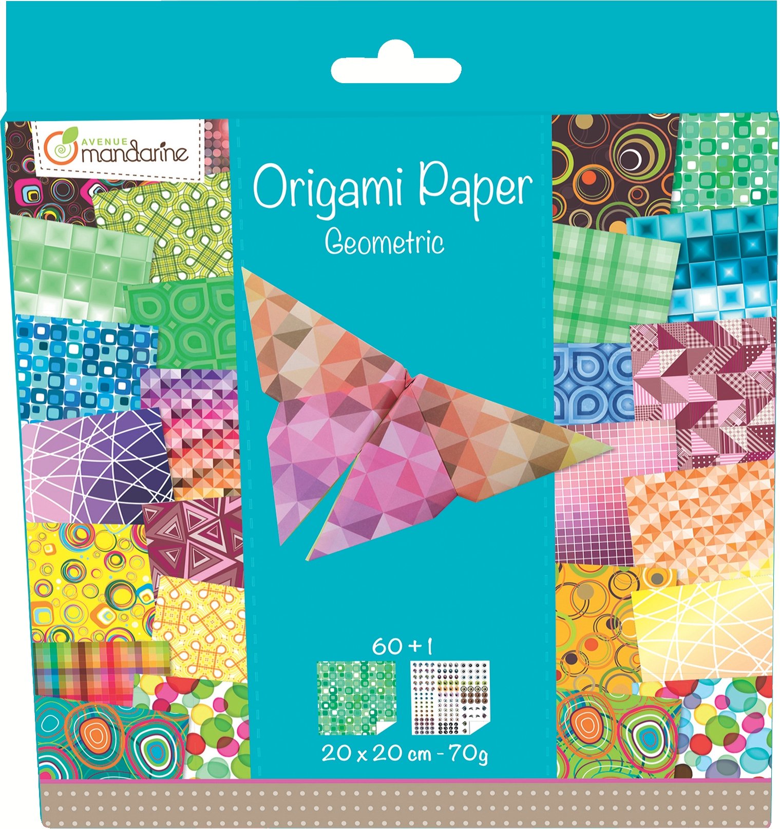 Avenue Mandarine - Ref 52501MD - Origami Sheet Pack - Geometric Patterns - 60 Fully Printed Sheets, 20 x 20cm, Eye Sticker Sheet Included, 70gsm Paper, Suitable for Ages 7+