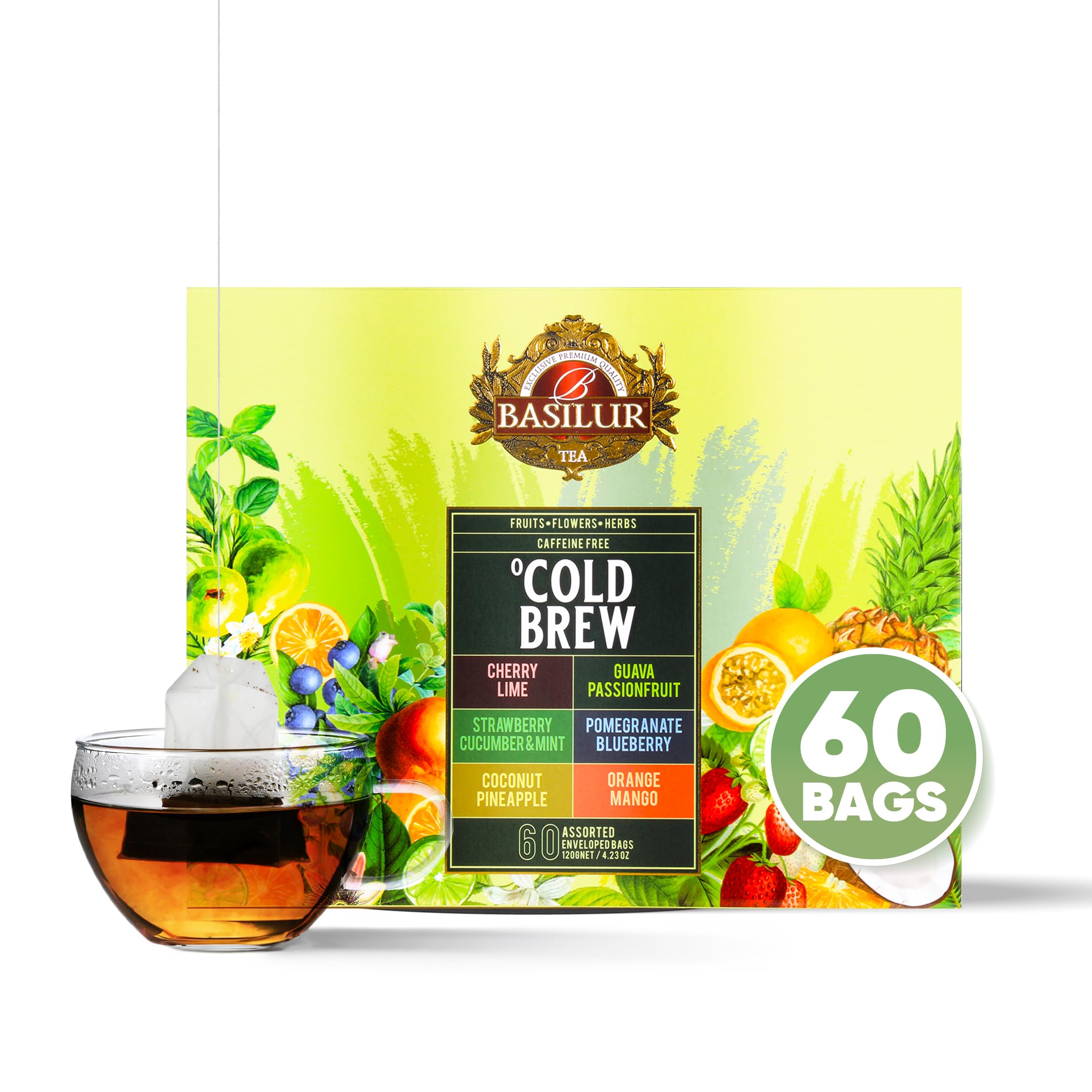 BasilurIced Tea | Cold Brew - Assorted | 6 Blends - Cherry Lime, Guava Passionfruit, Strawberry Cucumber & Mint, Pomegranate Blueberry, Coconut Pineapple & Mango Orange | Foil Enveloped 60 Tea Bags