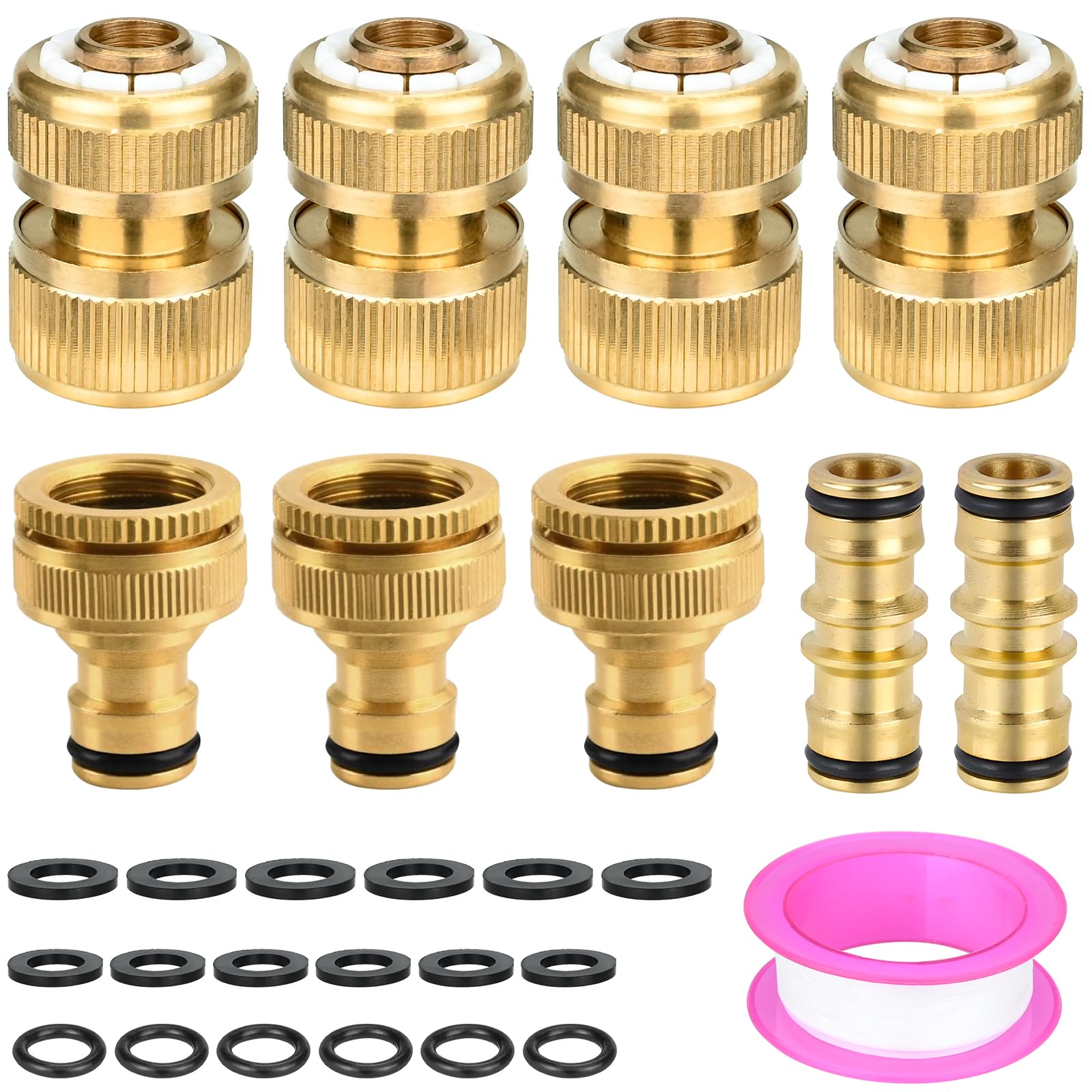 Yibang 9Pcs Brass Garden Hose Connector Kit, 1/2 Inch and 3/4 Inch Faucet Adapter, 1/2 Inch Garden Hose Quick Connector and 2 Double Male Connector, Brass Hose Fittings for Garden Hose Pipe Tube