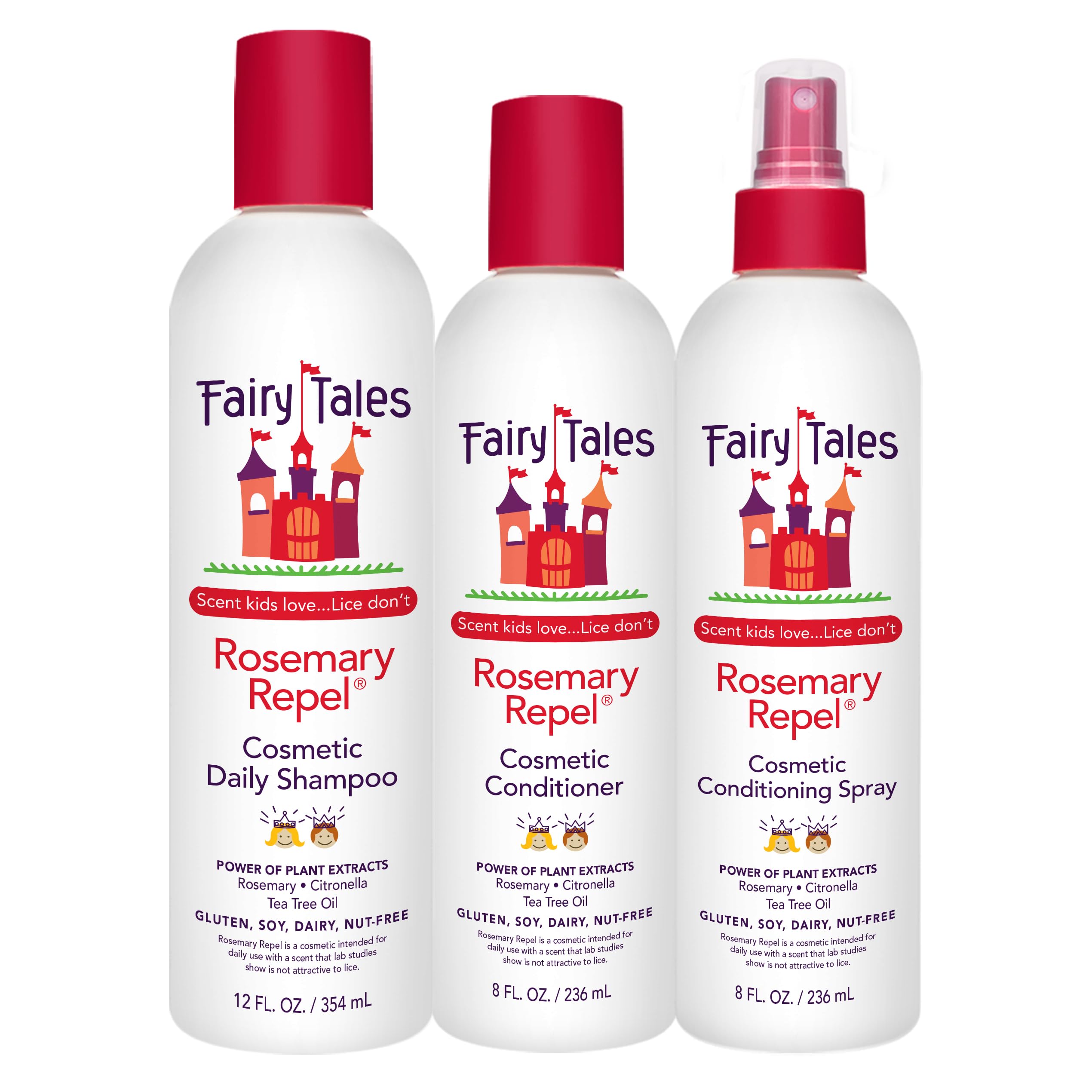 Fairy Tales Rosemary Repel Daily Kids Shampoo, 12 fl oz., Conditioner, 8 fl oz. & Conditioning Spray, 8 fl oz. Star Trio– Kids Like the Smell, Lice Do Not