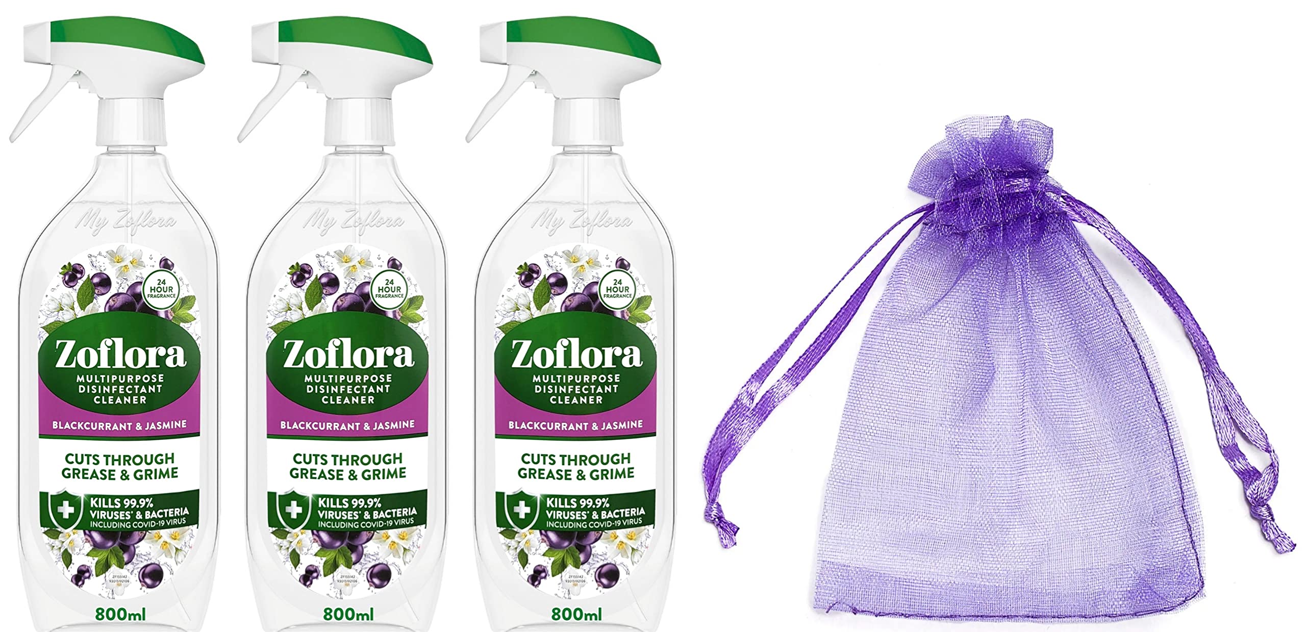 Zoflora Multi Purpose Disinfectant Cleaner Trigger Spray, Cuts Through Grease and Grime, Blackcurrant & Jasmine Scent, 3Pk x 800ml + Our Gift for You - Organza Bag Size: 9 x 7 x 0.1 cm