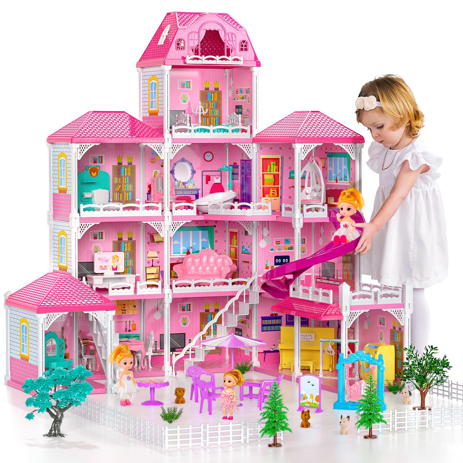 JINDUN Doll House Dreamhouse for Girls - 4-Story 12 Rooms Playhouse with 2 Dolls Toy Figures, Fully Furnished Fashion Dollhouse, Pretend Play House with Accessories, Gift Toy for Kids