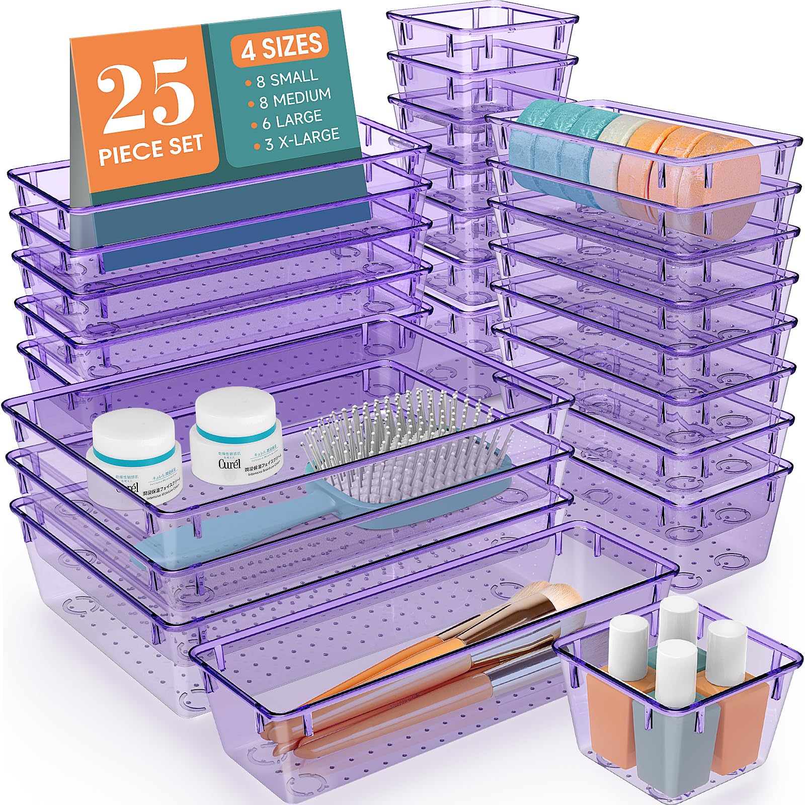 WOWBOX 25 PCS Plastic Drawer Organizer Set, Desk Drawer Divider Organizers and Storage Bins for Makeup, Jewelry, Gadgets for Kitchen, Bedroom, Bathroom, Office, Purple