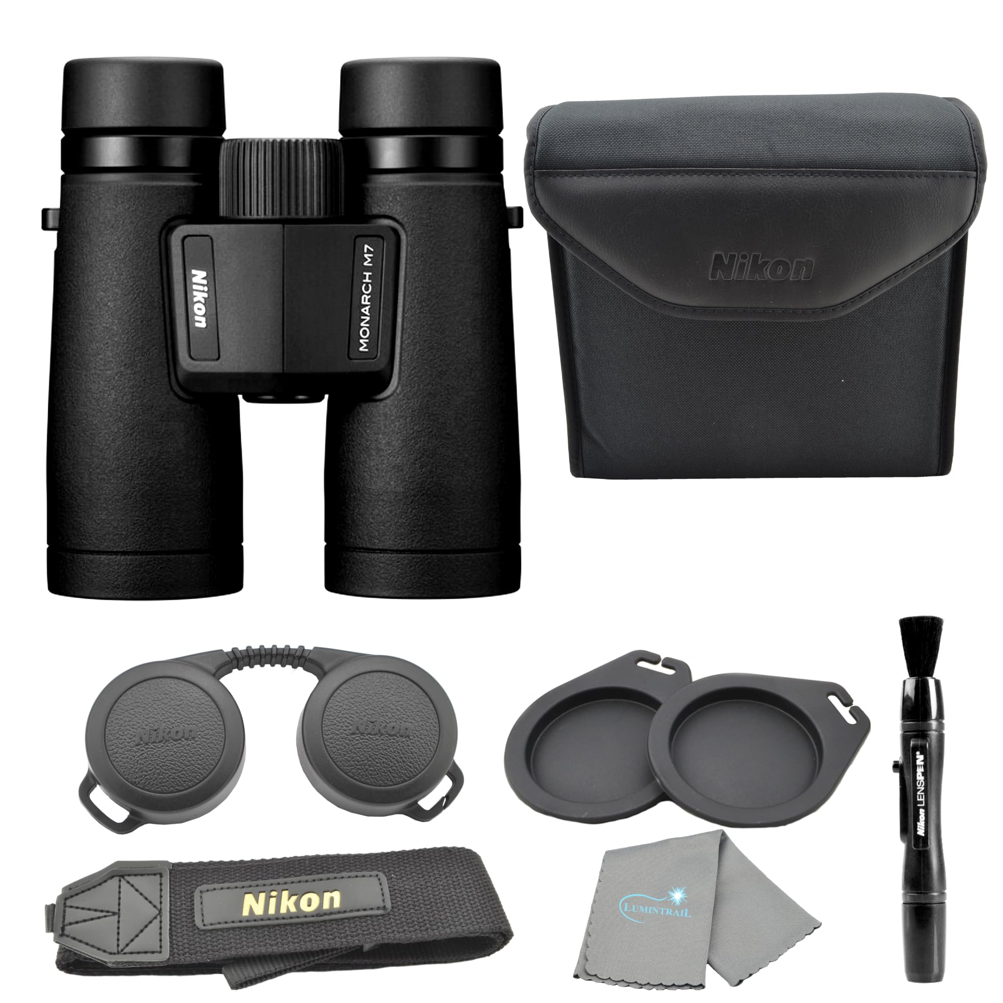 Nikon Monarch M7 10x42 (16766) Black Binoculars Bundle with Lens Pen and Cleaning Cloth, Compact Binoculars for Adults for Hunting, Bird Watching, and Hiking Essentials, Zoom Lightweight Travel