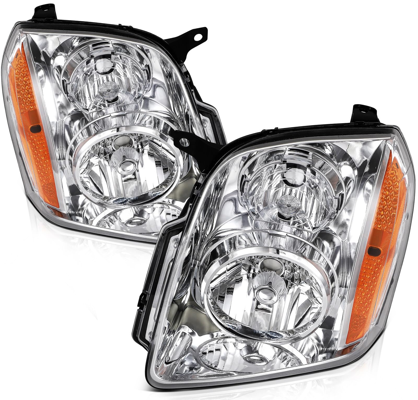 OCPTYHeadlight Assembly Pair Replacement For 2007-2014 for GMC Yukon 2007-2014 for GMC Yukon XL 1500 2007-2013 for GMC Yukon XL 2500 Chrome Housing Amber Reflector Clear Lens