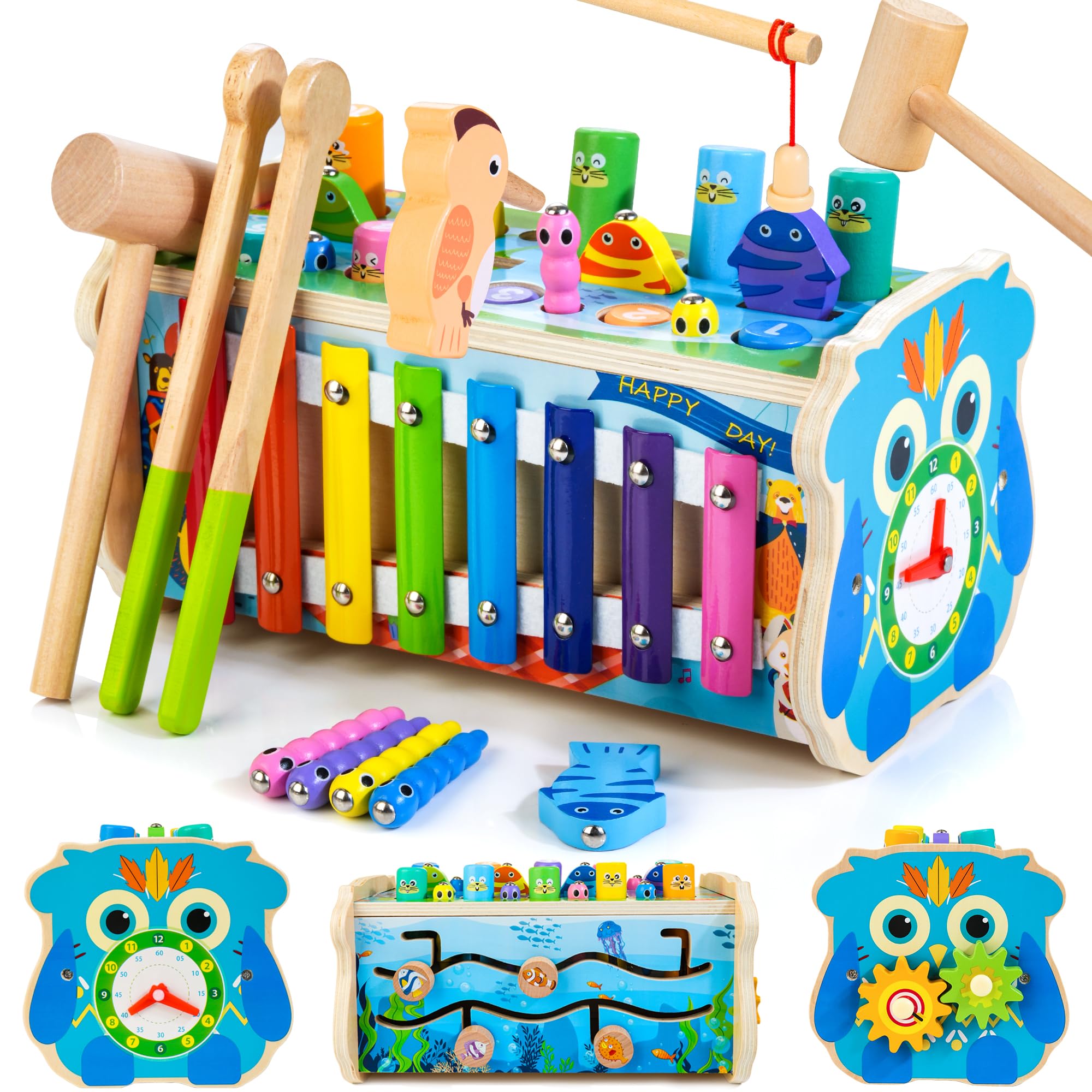 7-in-1 Wooden Hammering Pounding Toy for Kids, Whack-a-Mole Game with Magnetic Woodpecker Worms Fish Rod Montessori Educational Activity Toys with Hammers & Mallets Toys for Toddlers Age 1 2 3