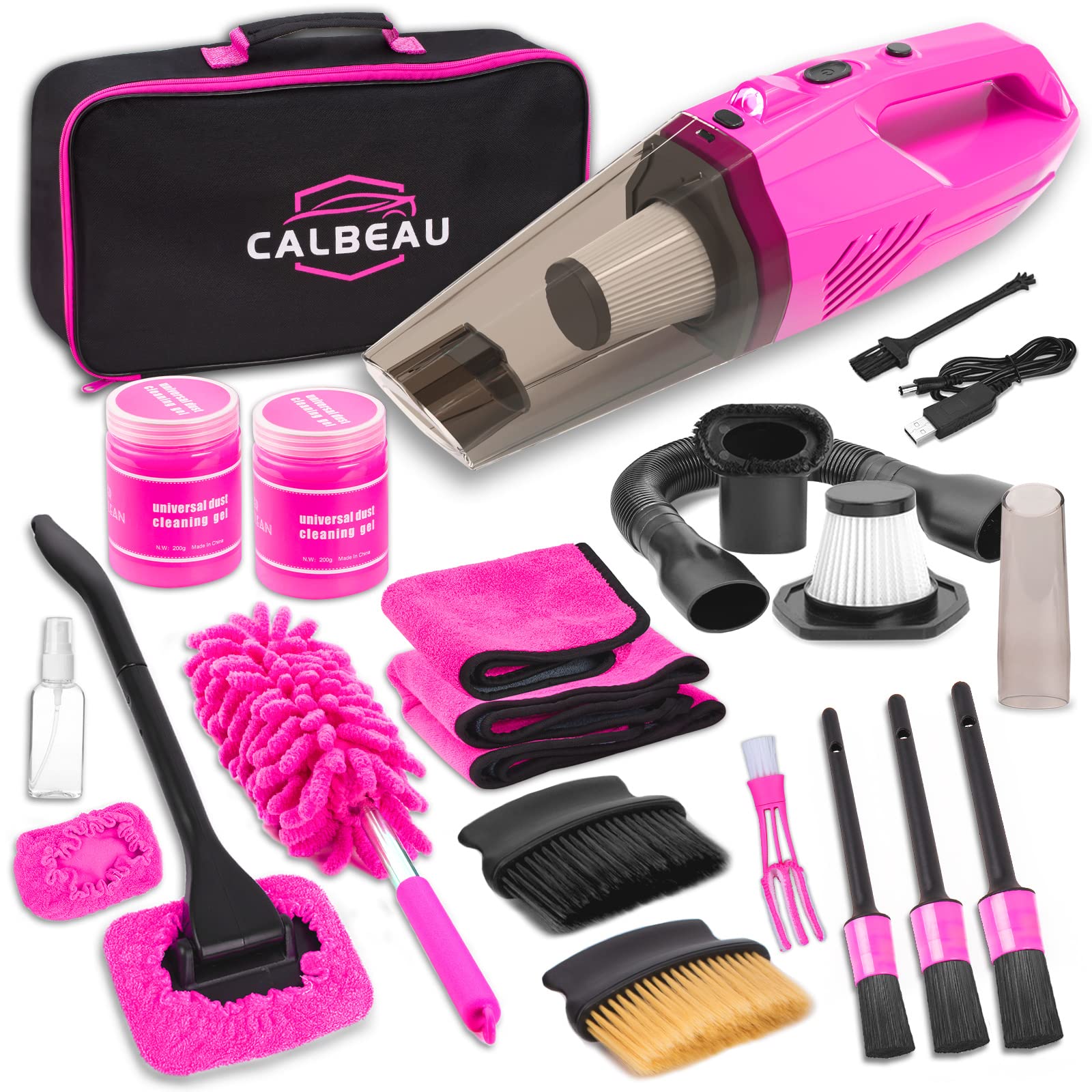 Car Interior Detailing Kit with Car Vacuum Cordless Rechargeable, 8000 PA Suction Portable Vacuum Cleaner with 15PCS Car Cleaning Kit, Pink Car Accessories for Women Gift