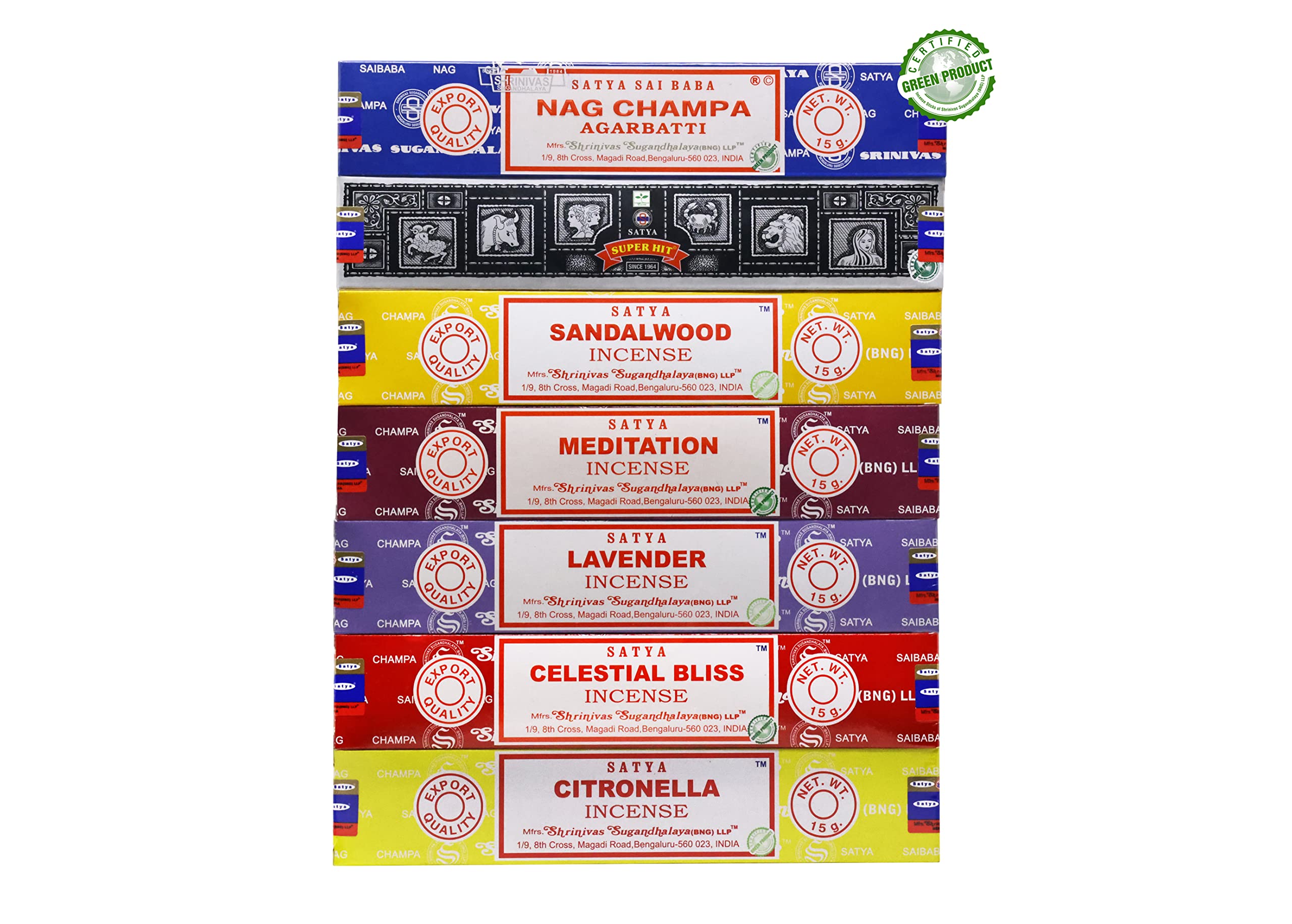 EARTHSatya Incense Sticks Set of 7 - Nag Champa, Super Hit, Sandalwood, Meditation, Lavender, Celestial Bliss, Citronella 15 GMS (Green Certified)- Hand Rolled Incense Sticks