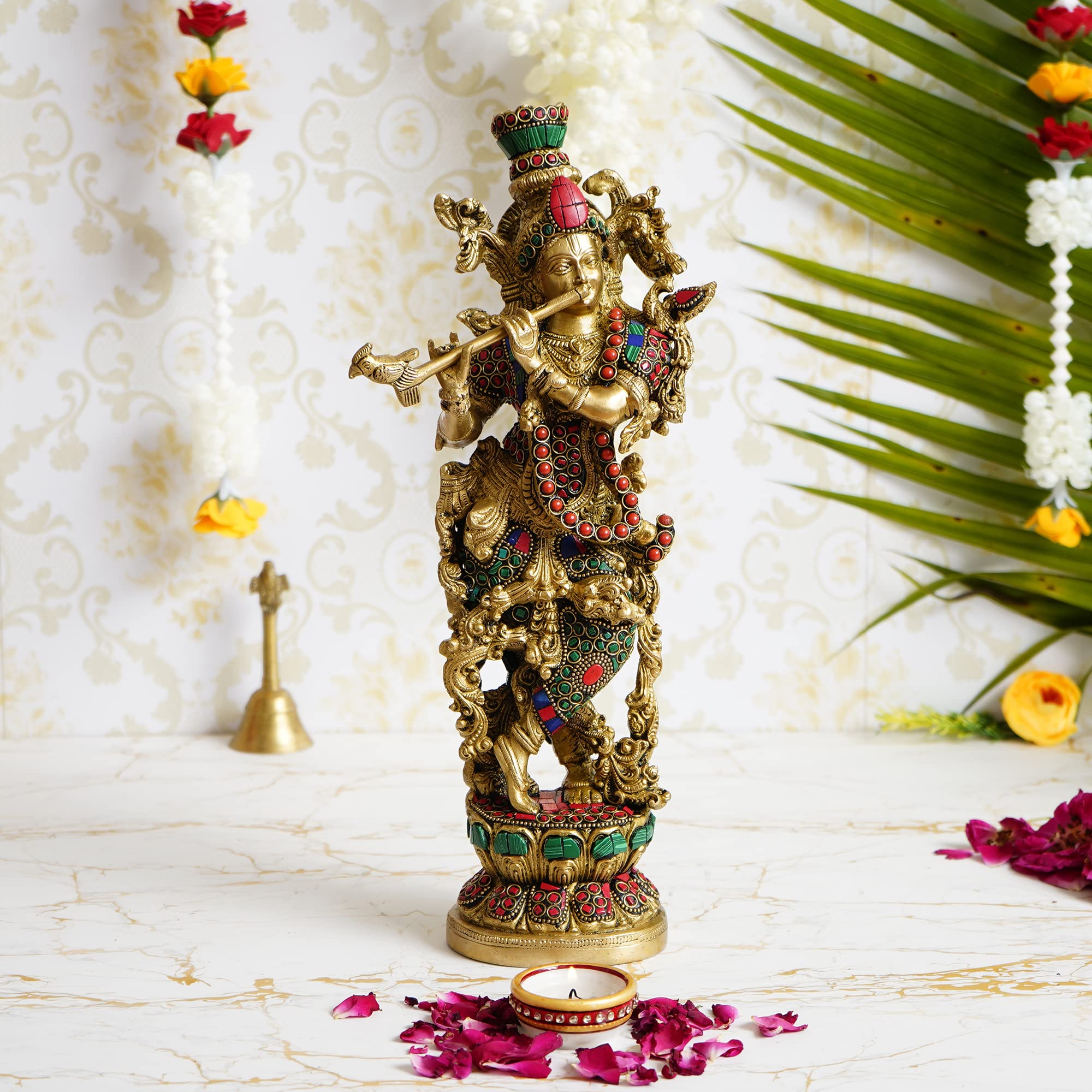 eCraftIndia Colorful Lord Krishna Playing Flute Handcrafted Brass Idol with Stone Work - 13.77 Inch Height, Gold, One Size, (BGK508)