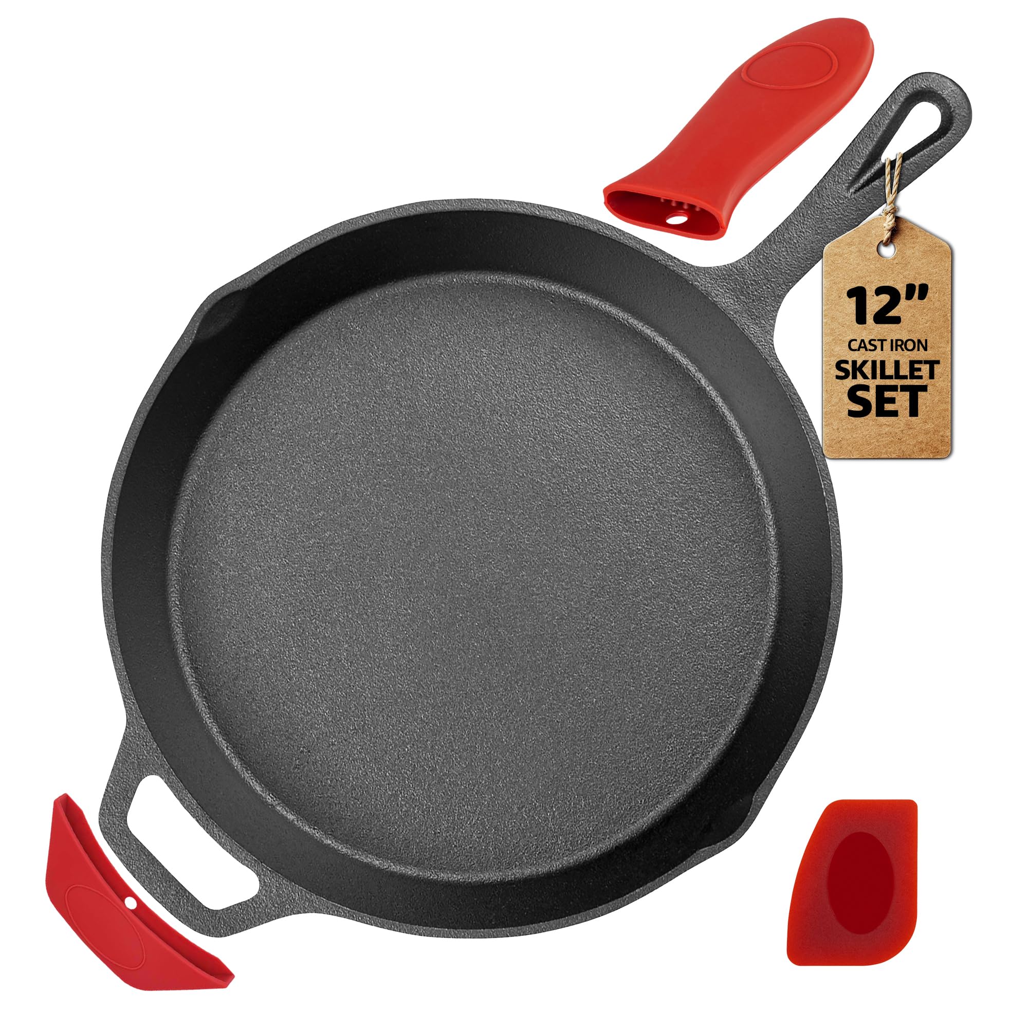 12'' Cast Iron Frying Pan with Scraper and Heat-Resistant Sleeve