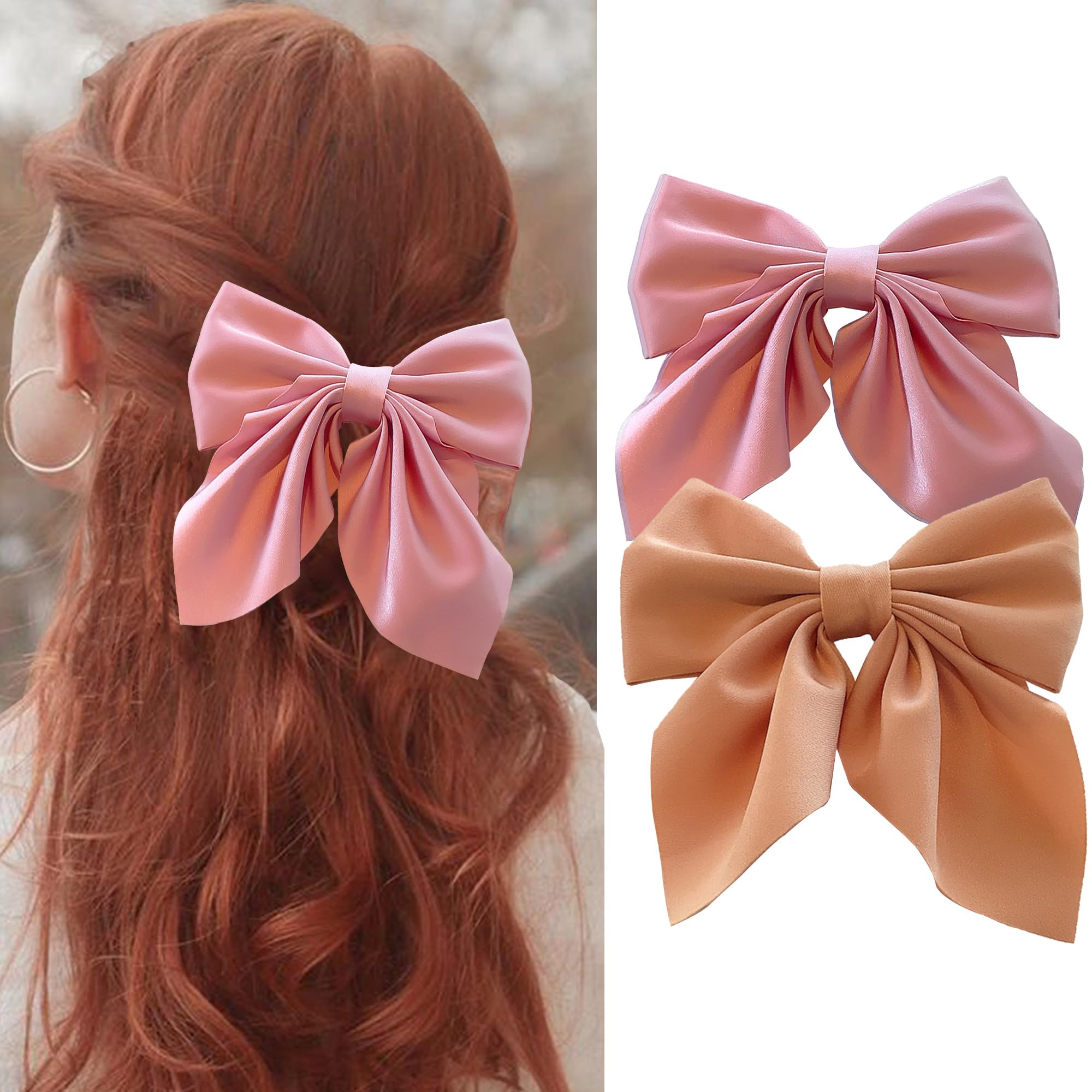 FULZTEY Fable Bows Hair Clips for Women Girls Pink Bow Hair Ribbon 5 Inch Satin Bowknot Clips for Hair with Metal Barrettes Alligator Hairpin Neutral French Hair Accessories for Teen Kids 2pcs