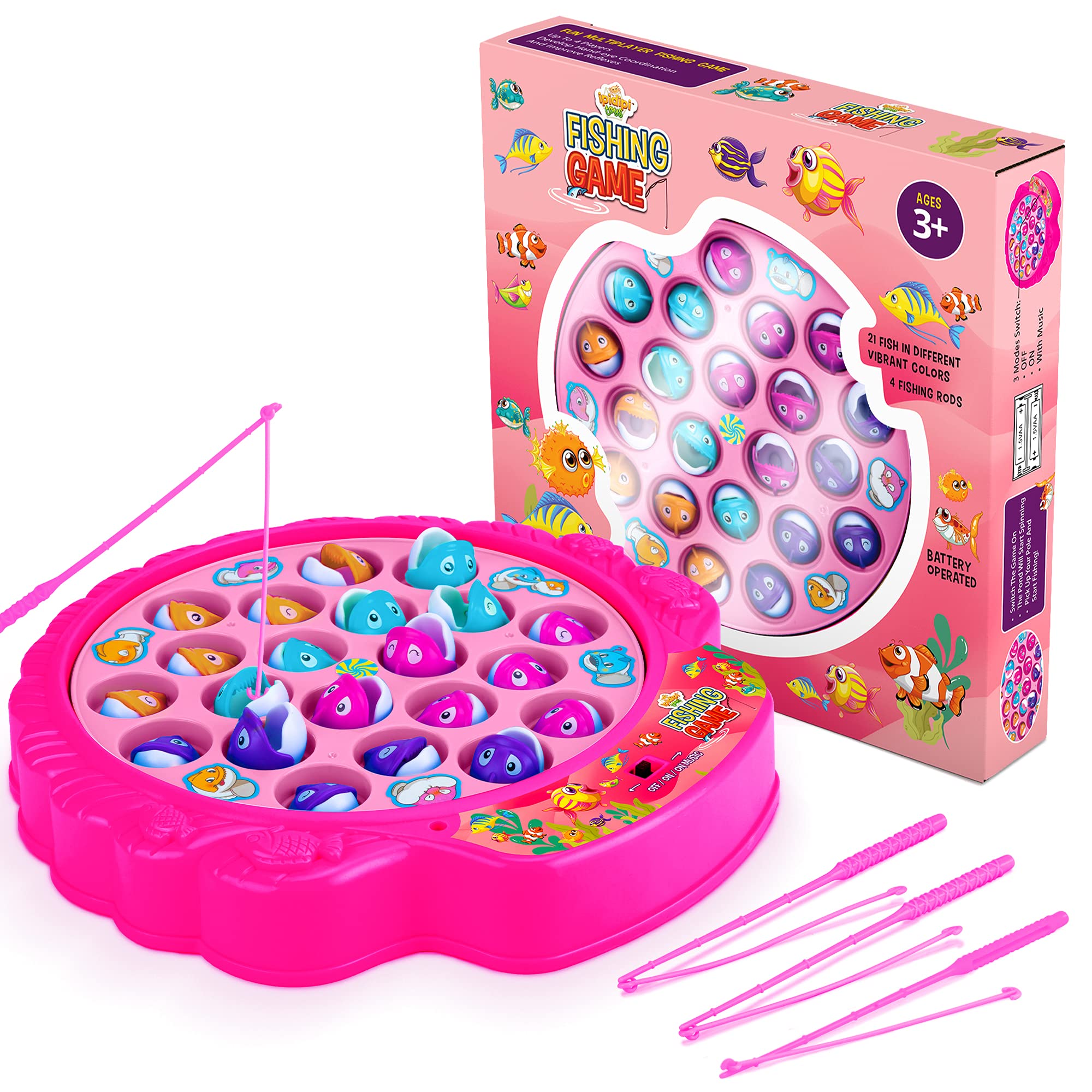 Fishing Game Play Set - 21 Fish, 4 Poles, & Rotating Board w/On-Off Music - Family Children Backyard Pink Toy Games for Kids and Toddlers Age 3 4 5 6 7 Girls and Up