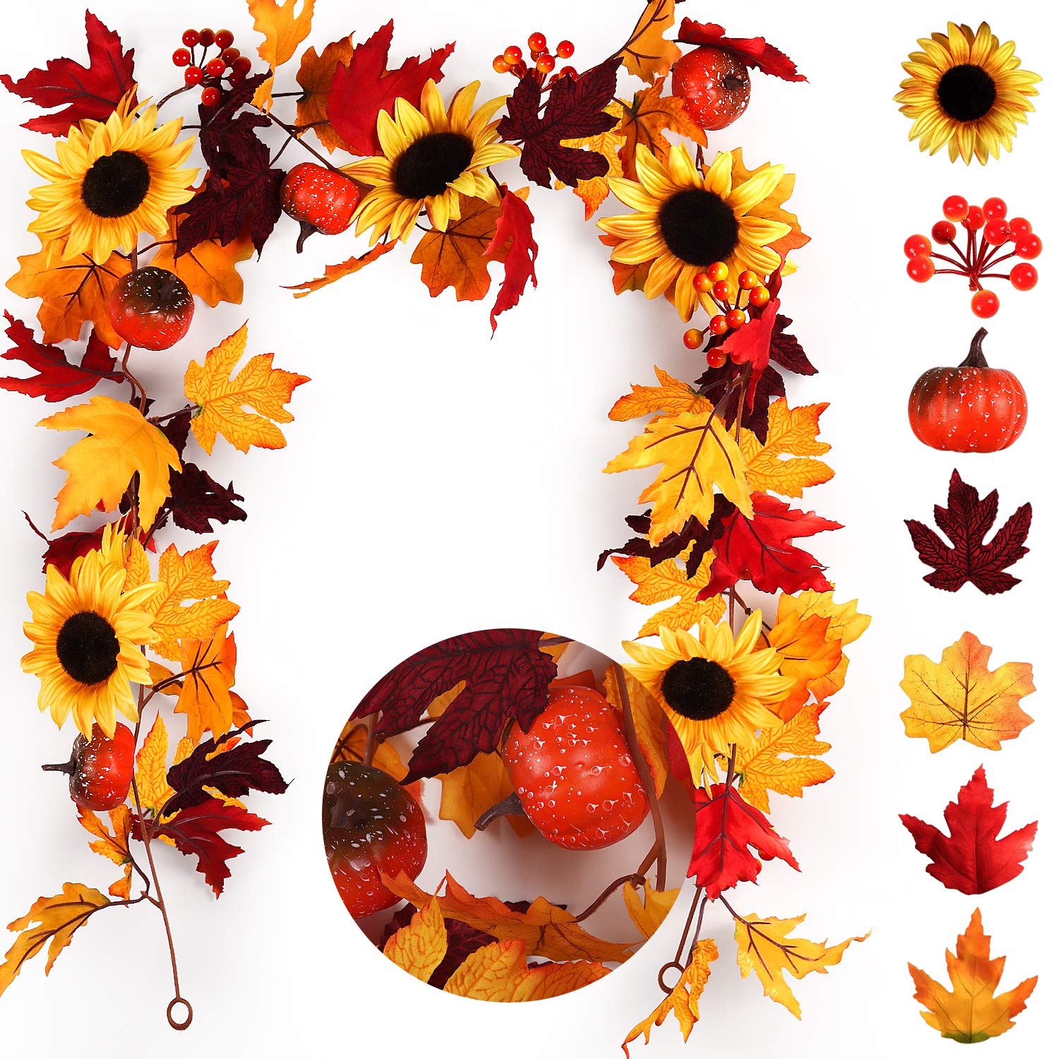 RECUTMS 6 FT Fake Fall Maple Leaf Garland Hanging Vine - Artificial Berries Sunflower Pumpkin Fall Decor for Home Wedding Party Thanksgiving Dinner Fireplace Door Backdrop(Maple Leaf with Pumpkin)