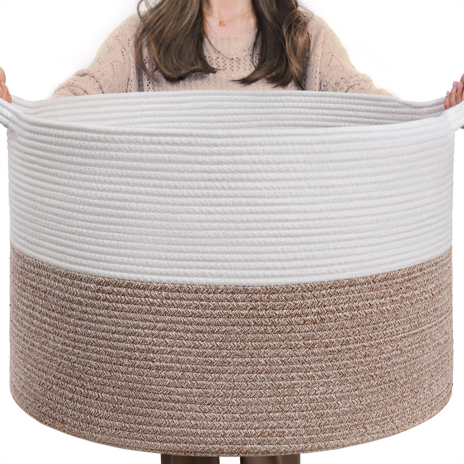 INDRESSME XXXLarge Cotton Rope Basket 21.7" x 21.7" x 13.8" Woven Baby Laundry Blanket Basket Toy Basket with Handle Storage Comforter Cushions Thread Laundry Hamper White & Brown