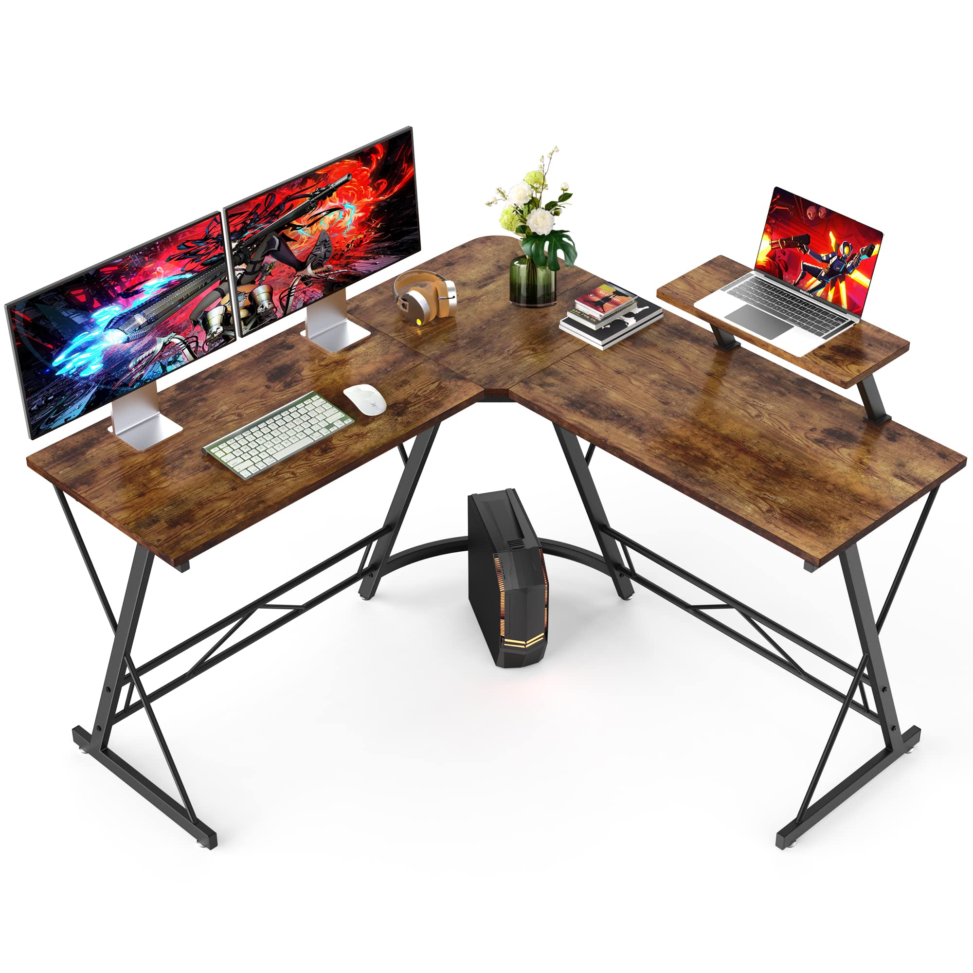 Mr IRONSTONEL Shaped Desk, Computer Corner Desk, Home Gaming Desk, Office Writing Workstation with Large Monitor Stand, Space-Saving, Easy to Assemble, (Rustic Brown)