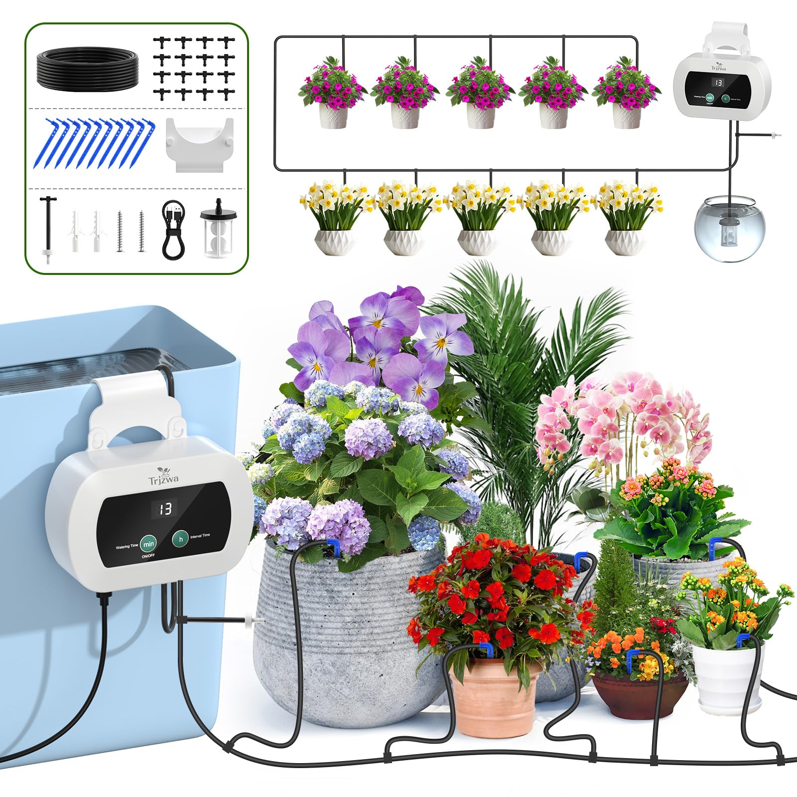 TRJZWA Irrigation System Kit of Indoor USB, Drip Irrigation System Adapted to Type-C Power Supply,Automatic Watering System Garden Irrigation System with 300 Timed Watering Programmes and 10 Drip Tips