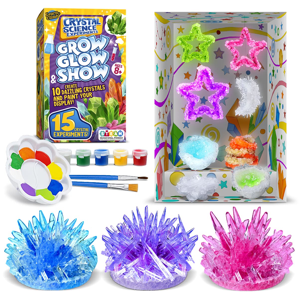 Crystal Growing Kit for Kids - 10 Crystals Science Experiment Kit + 2 Glow in The Dark Crystals with DIY Paint Display Stand – Great Gift for Girls and Boys Ages 8-12