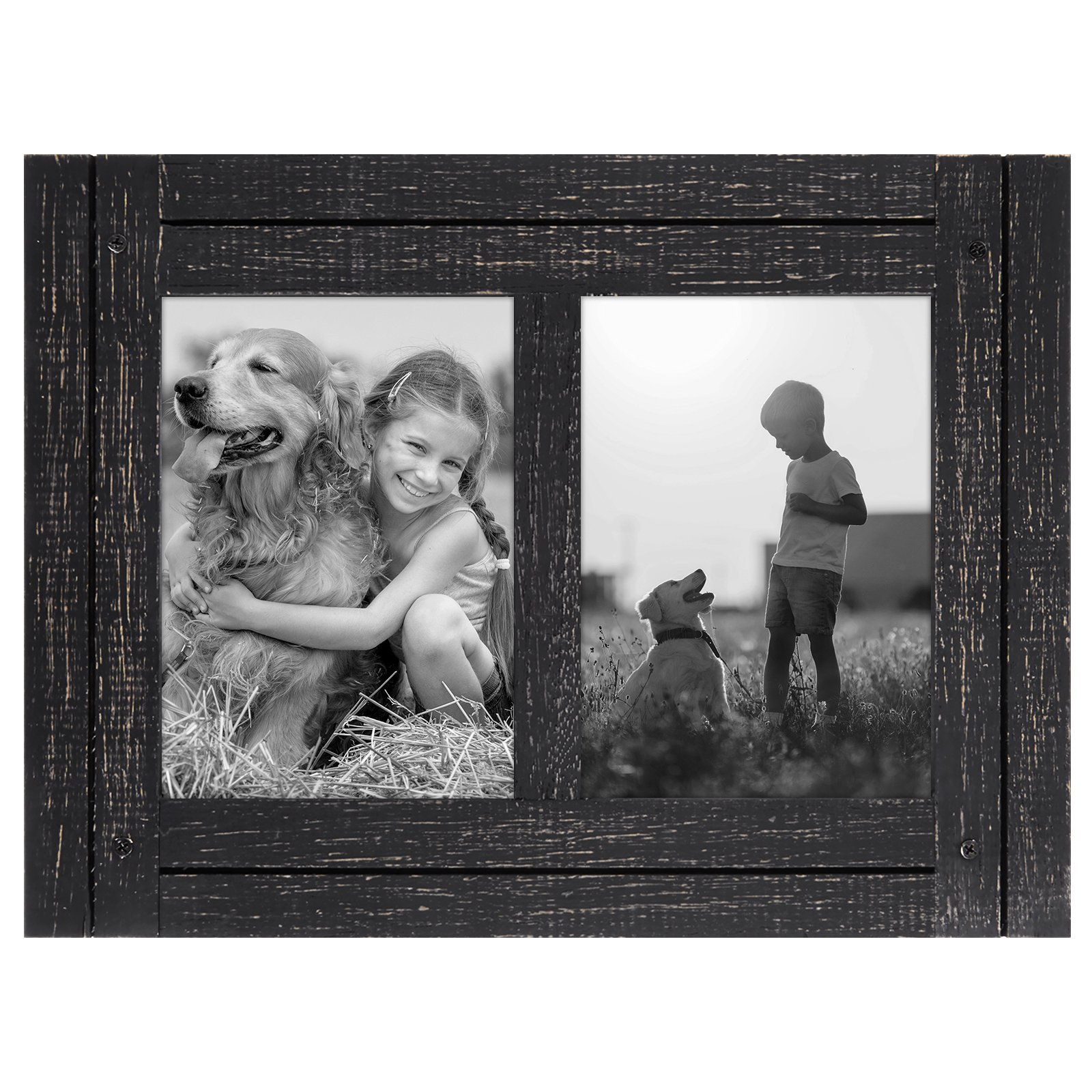 Americanflat5x7 Double Picture Frame with Polished, Crystal Clear Glass - Hampton Collection - Distress Wood Collage Picture Frames for Tabletop and Wall Display - Charcoal Black