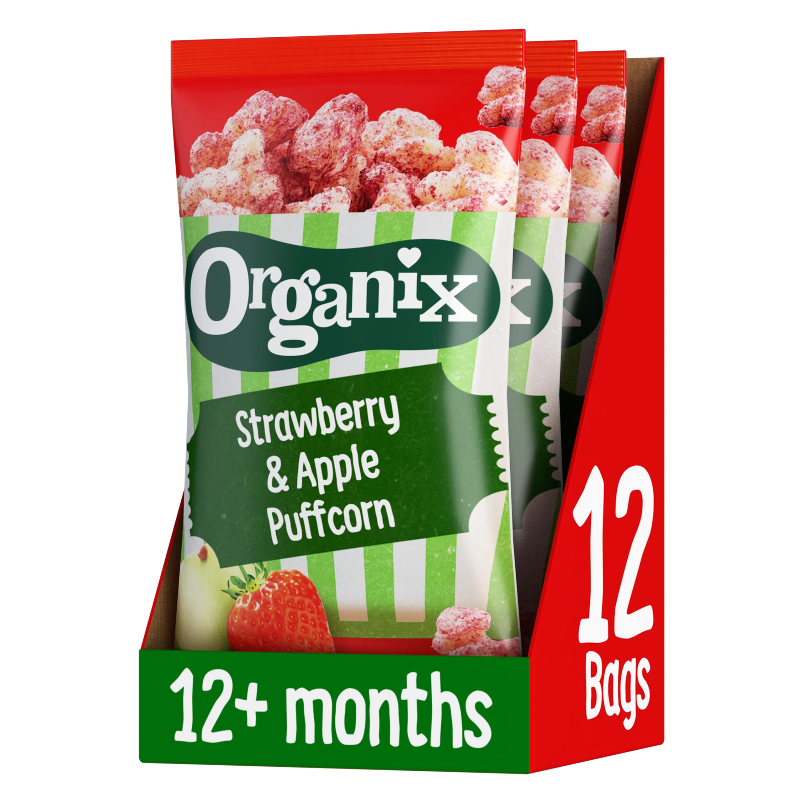 OrganixStrawberry & Apple Puffcorn, Organic Toddler Snack, Finger Food, 12+ Months, Multipack (4 x 10 g) (Pack of 3), Total 12 Bags