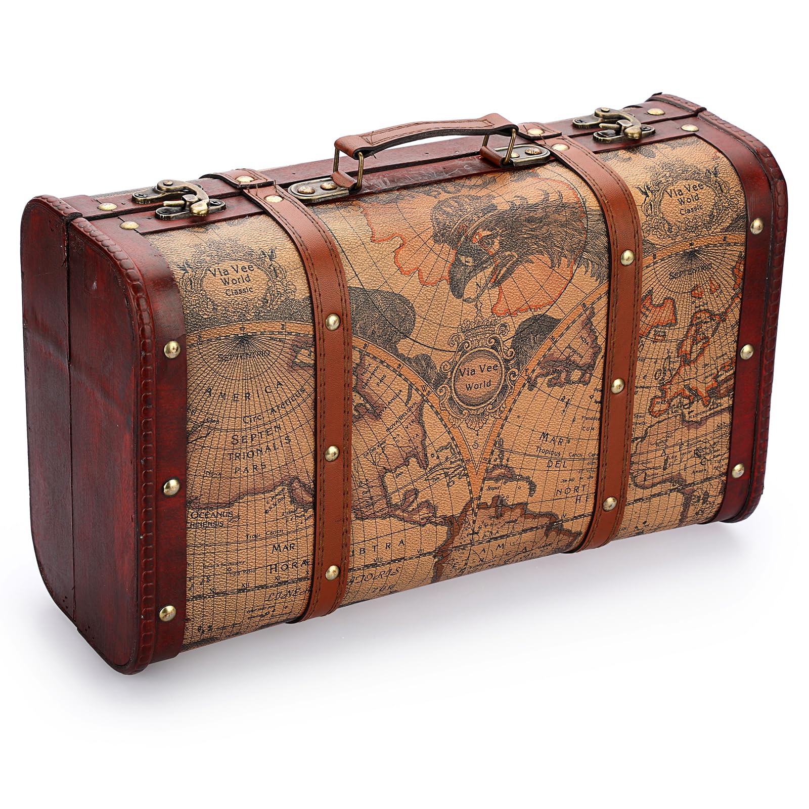 ELLDOO Vintage Wooden Storage Chest, Portable Decorative Luggage Suitcase, Treasure Chest Box with Map Pattern, Pirate Keepsakes Box for Gifts, Chest Storage Box for Decor Storage Travel