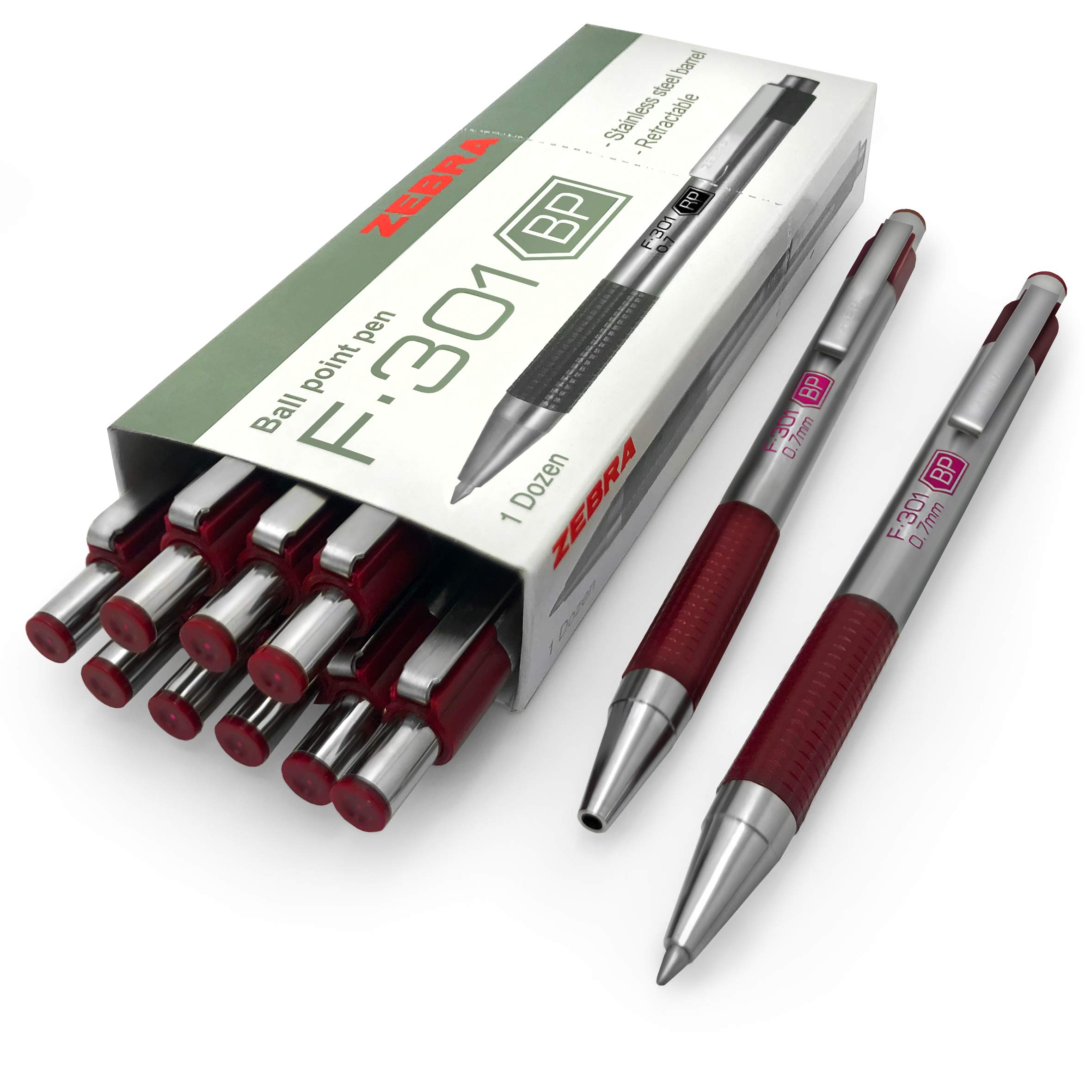 Zebra F-301 - Stainless Steel Retractable Ballpoint Pen - 0.7mm Medium - BLUE Ink - Maroon Barrel - Pack of 12