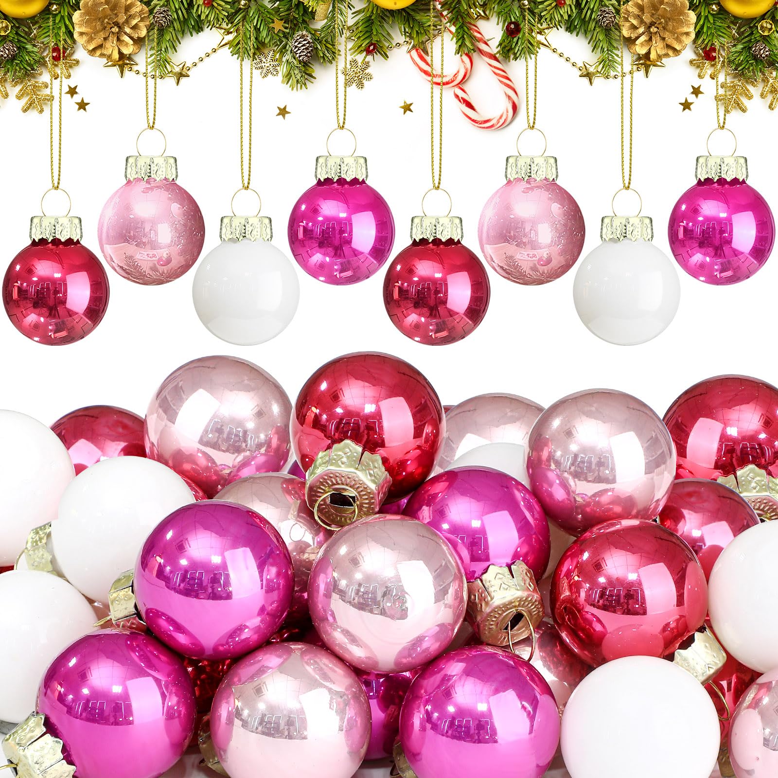 Tioncy 32 Pieces 1 Inch Mini Glass Christmas Ornaments Balls Shiny Christmas Balls Mini Christmas Tree Ornaments Hanging Tiny Colorful Ball Decoration Pendant for Xmas (Pink Series, White)