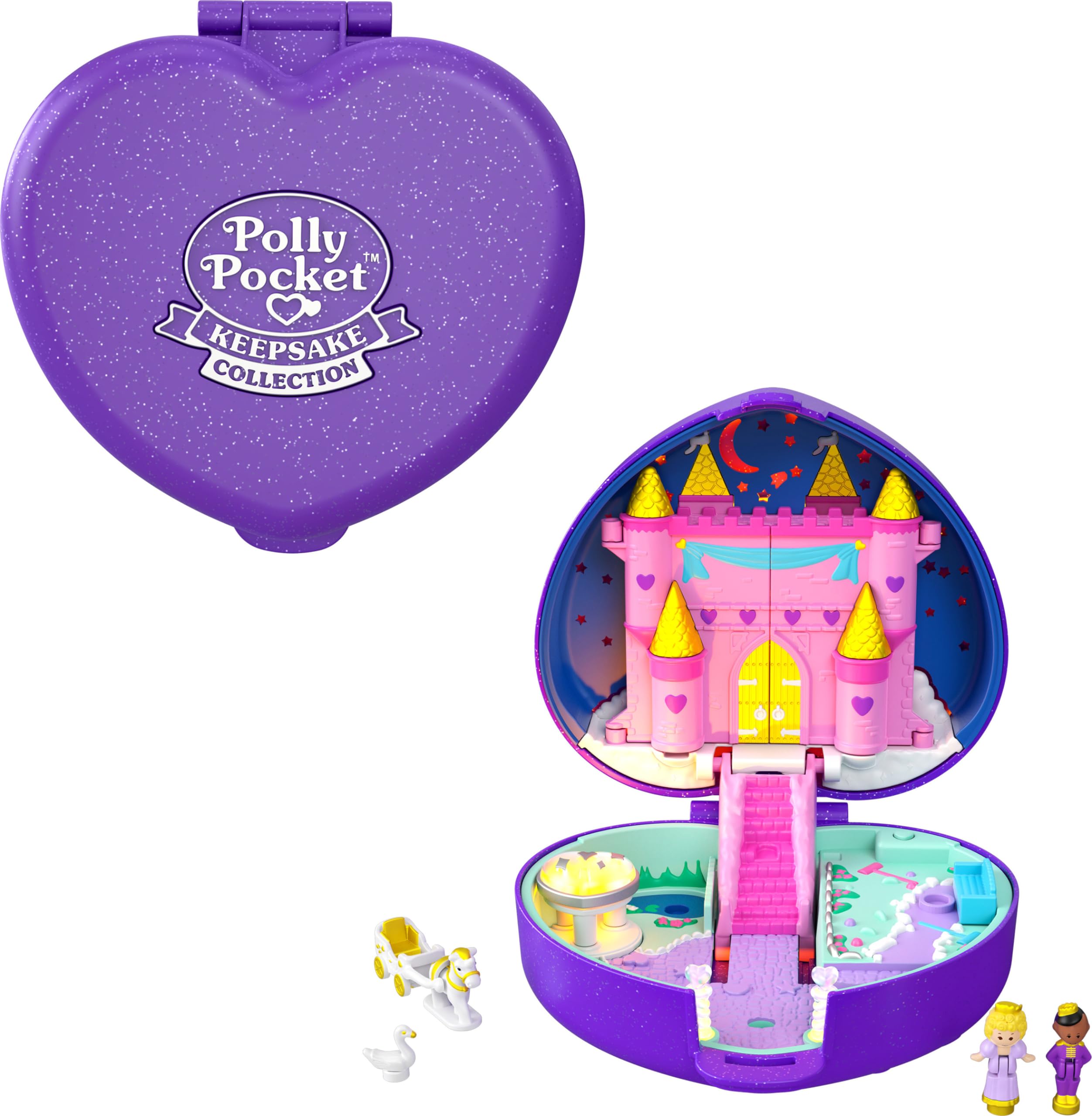 Polly Pocket Collector Compact with 2 Micro Dolls, 2 Animal Figures & Carriage Accessory, Heritage Keepsake Collection Starlight Castle, Collectible Toy