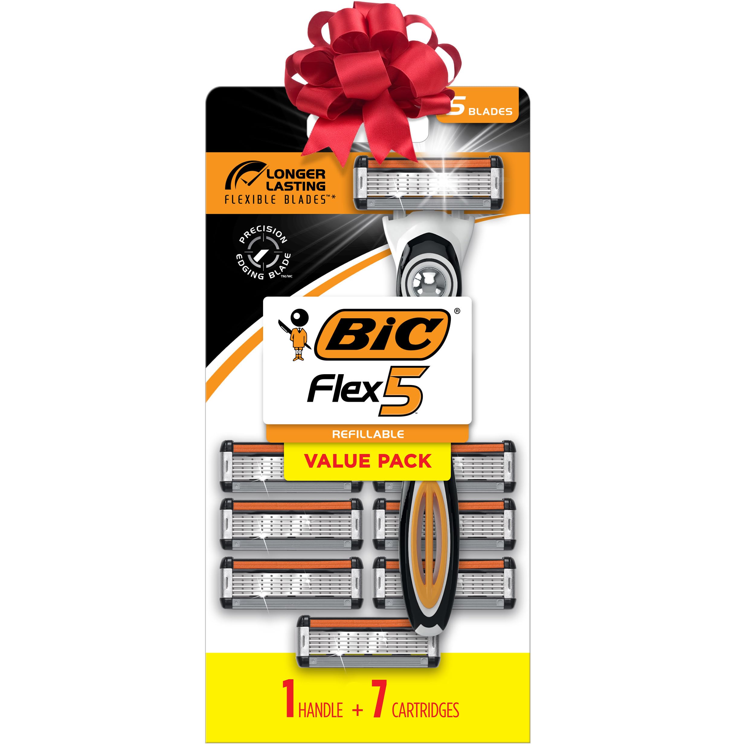 BIC Flex 5 Refillable Men's Holiday Shaving Kit: 5-Blade Razors, 1 Handle and 7 Cartridges, 8-Piece Gift Set, Perfect Stocking Stuffer for Sensitive Skin