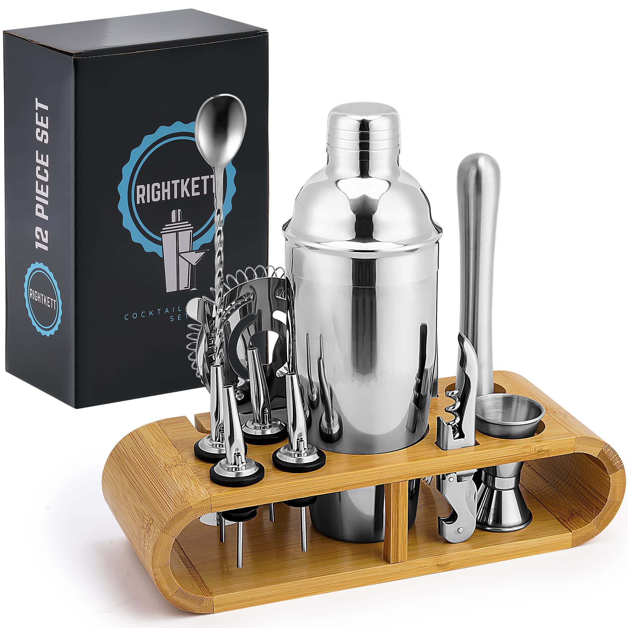 Rightkett Bartender Kit with Bamboo Stand - 12 Piece, 24oz | Stainless Steel Cocktail Shaker Set | Best Bartender Kit for Home and Bartender Tools