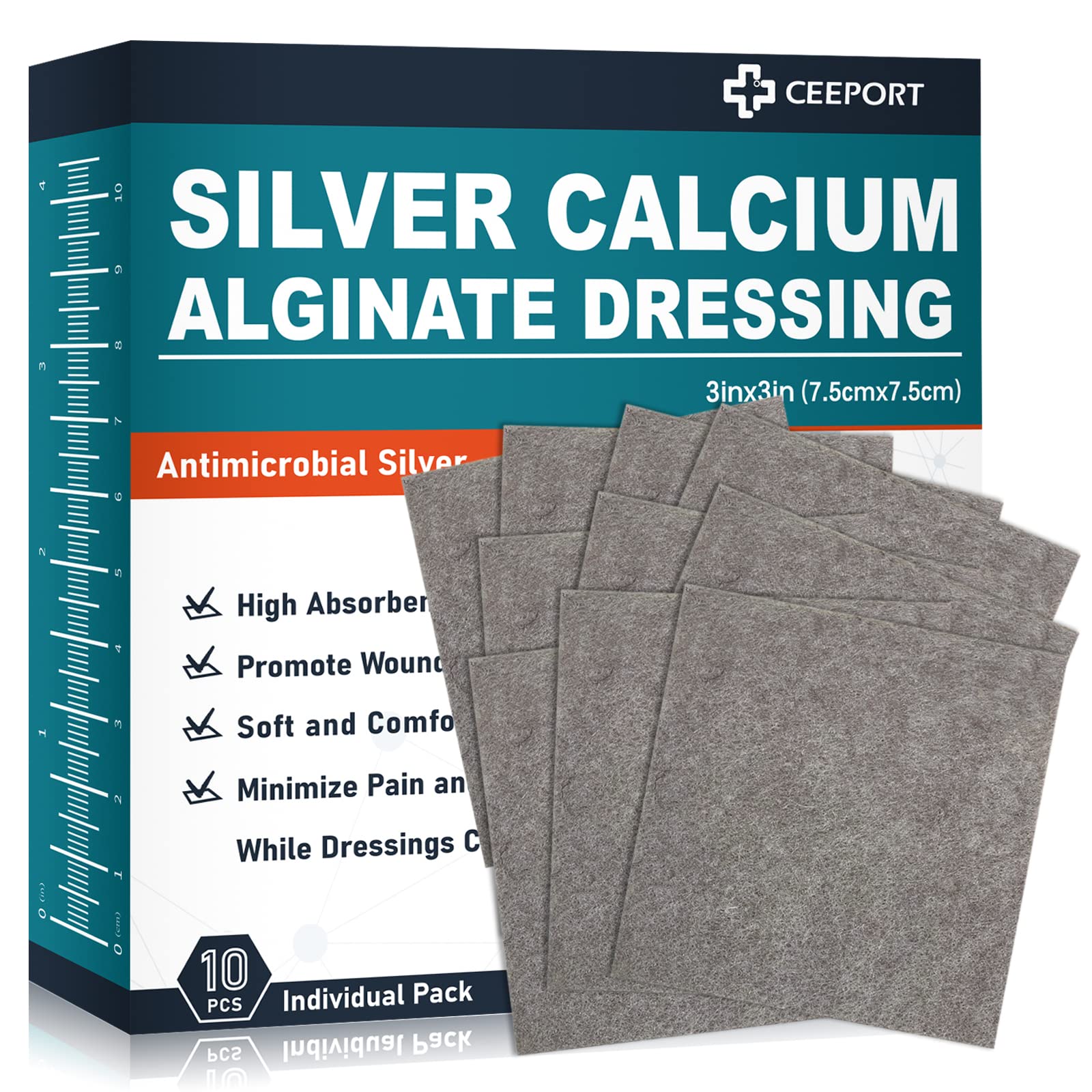 Ag Silver Calcium Alginate Wound Dressing Pads 3'' x 3'' (Pack of 10), Soft Highly Absorbent Silver Wound Dressing, Non-Adhesive Dressing for Wound Care, Painless Removal Gauze Pads for Wounds