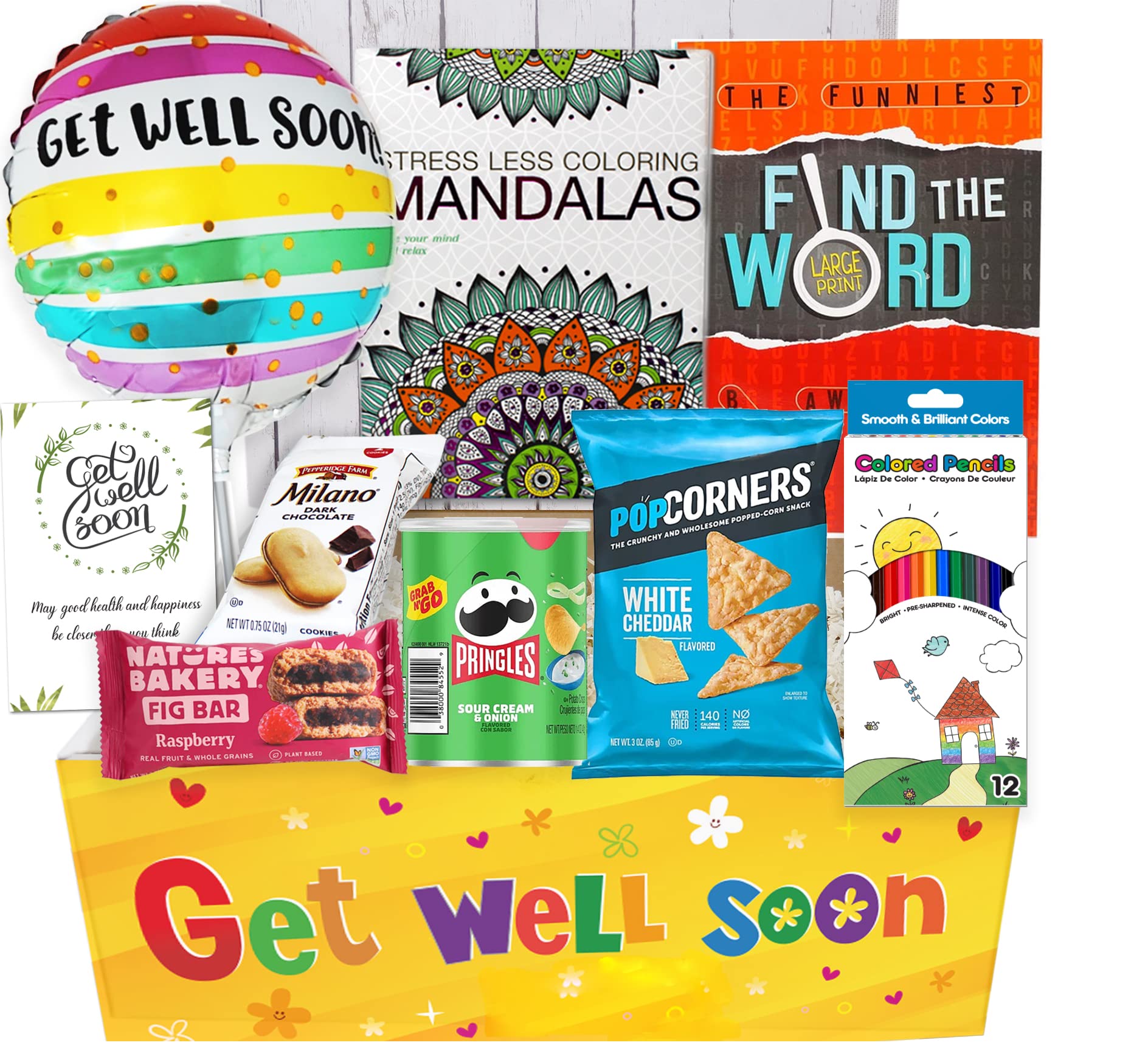 GET WELL GIFT Basket, package for Adults or kids Men, women, boy or girl Care package, Feel better soon for home or hospital, after surgery w/Balloon, candy & snacks & greeting card, Sympathy Gift