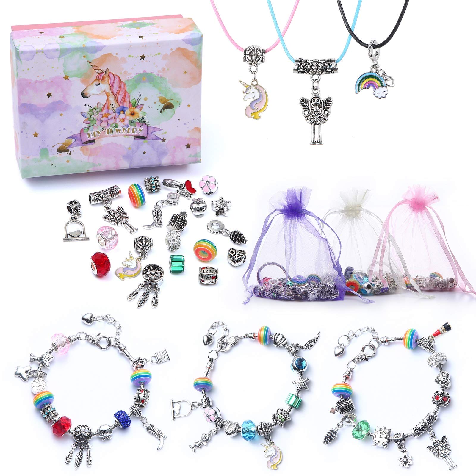 Girls Charm Bracelet Making Kit-DIY Jewellery Making Kit for Kids, Craft Sets for Girls Ages 8-12 Party Favor Jewellry Gifts for Teens Girls, DIY Silver Plated Bead Snake Chain Jewelry Bracelet