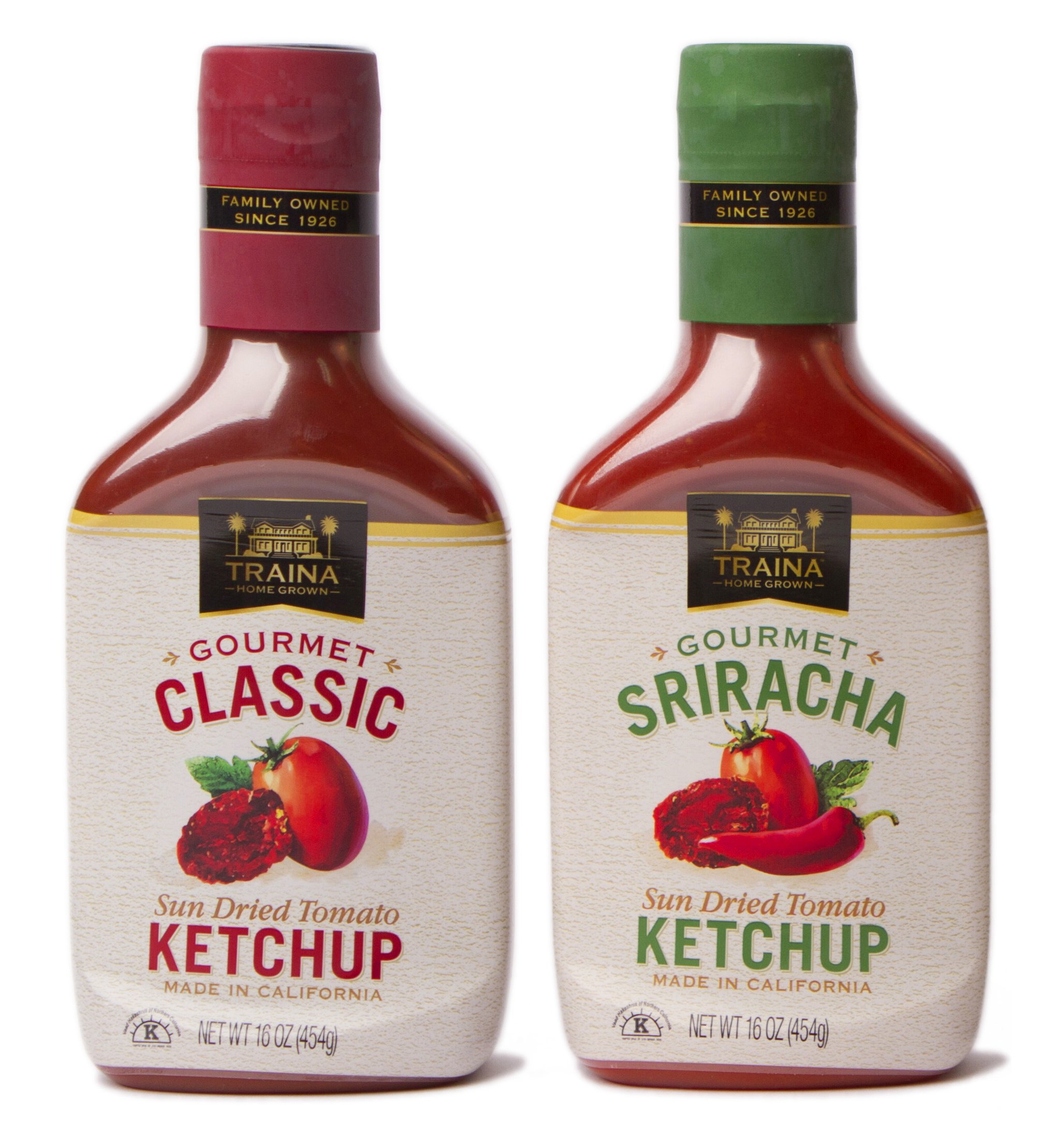 TrainaHome Grown Gourmet Classic and Sriracha Ketchup Combo Pack - No Corn Syrup, Non GMO, 16 oz bottle (2 Pack)