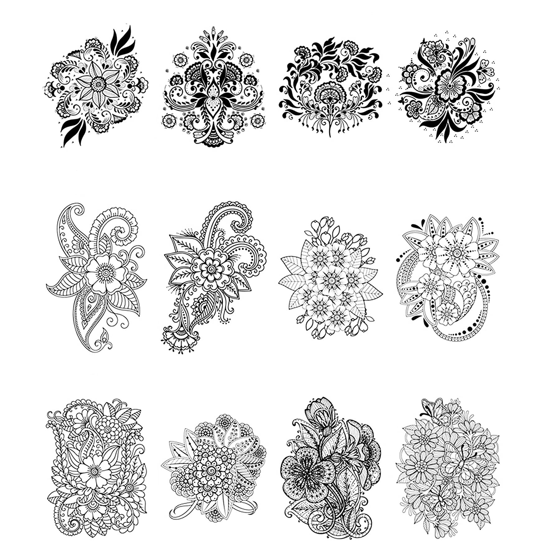 30 floral temporary tattoo stickers, mandala flowers, and other floral sketch style body art temporary tattoos, suitable for women, girls or children