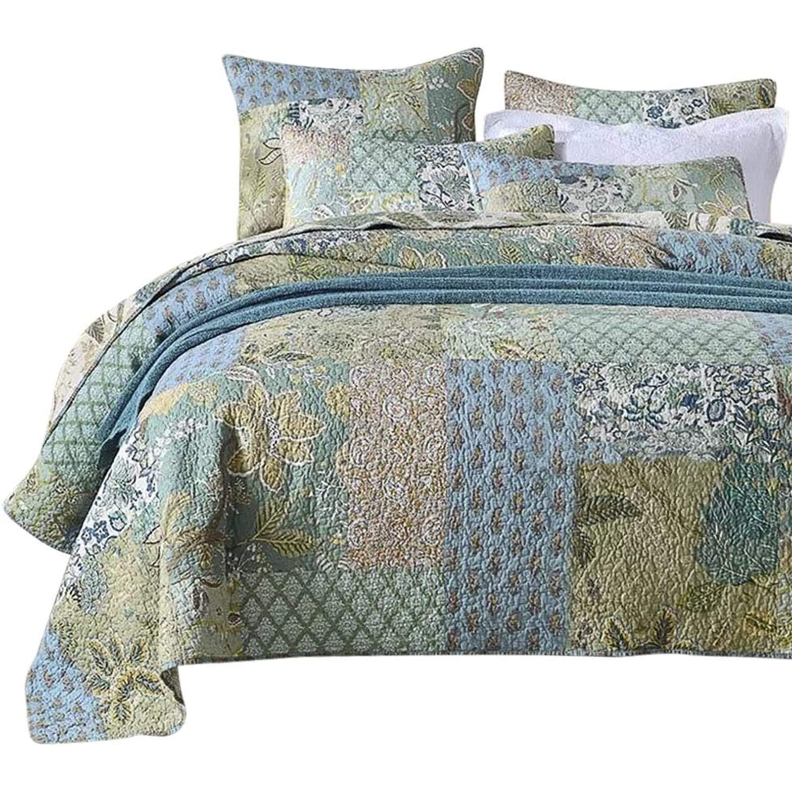 NEWLAKEBedspread Quilt Set with Real Stitched Embroidery, Bohemian Floral Pattern,Twin Size