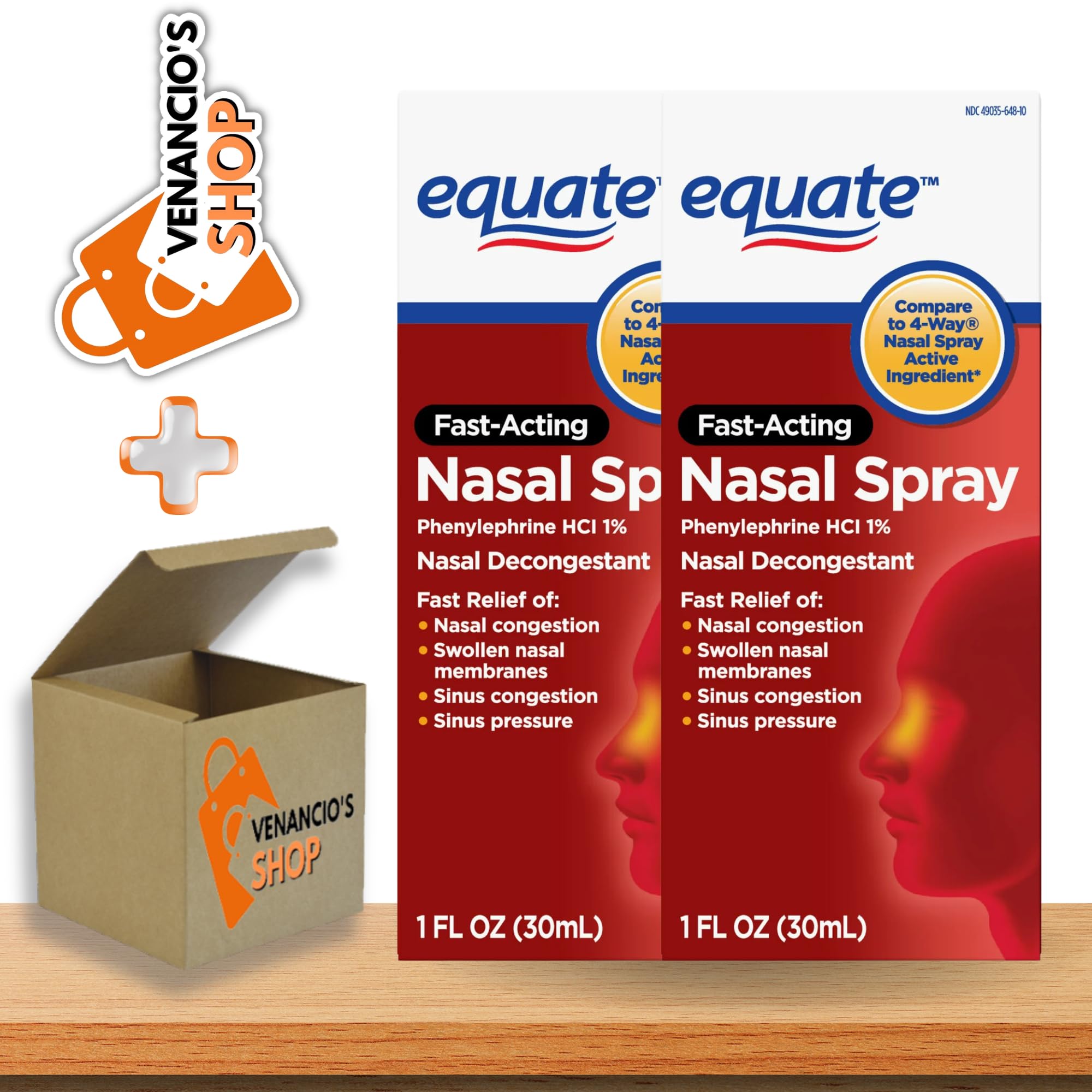 Equate Nasal Four Nasal Spray, Fast Acting Nasal Decongestant, 1 Fl. Oz, Compare to 4 Way - Pack of 2