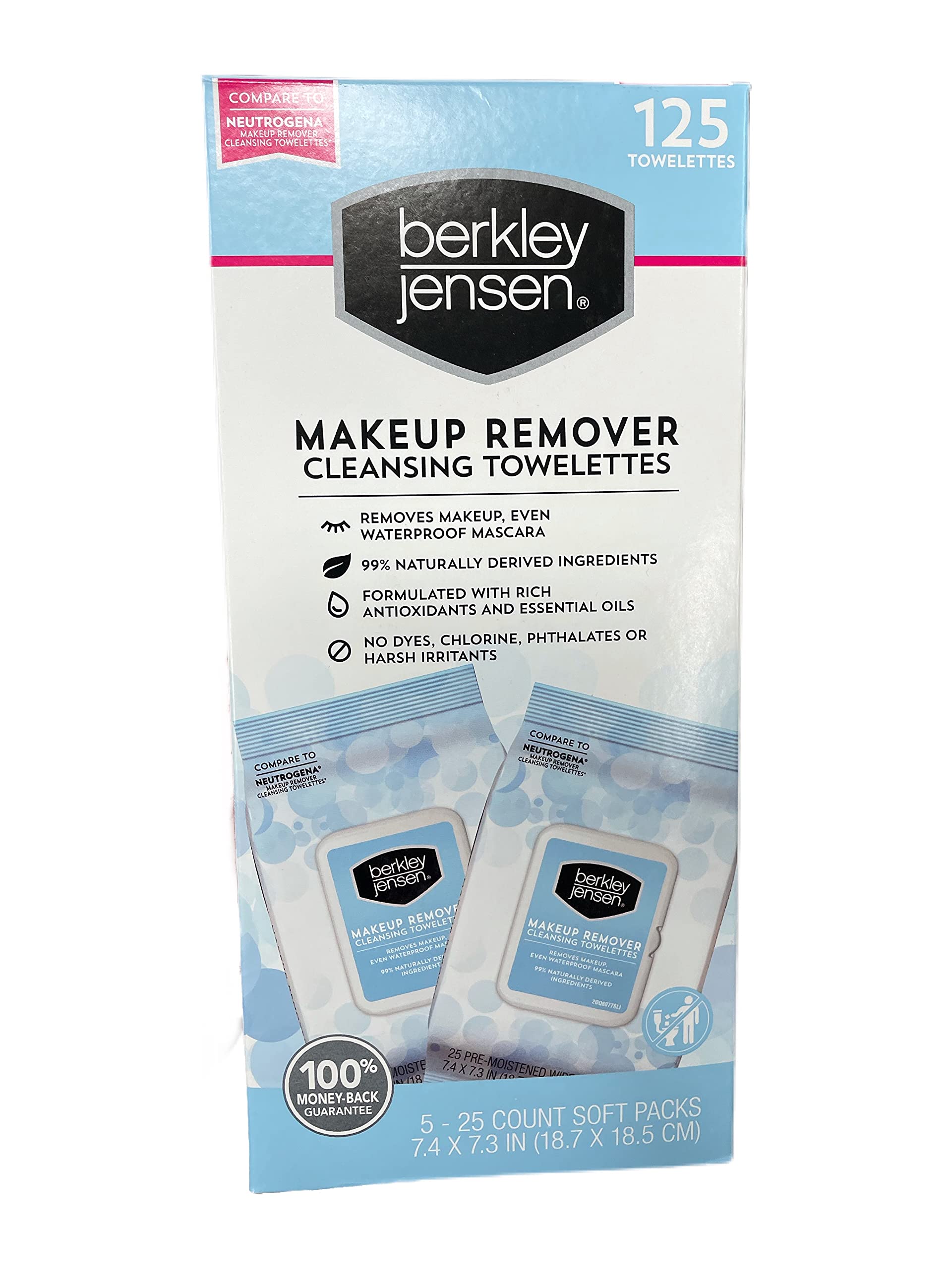 Berkley Jensen Makeup Remover Cleansing Towelettes 125 Towelettes (5 - 25 Count Soft Packs)