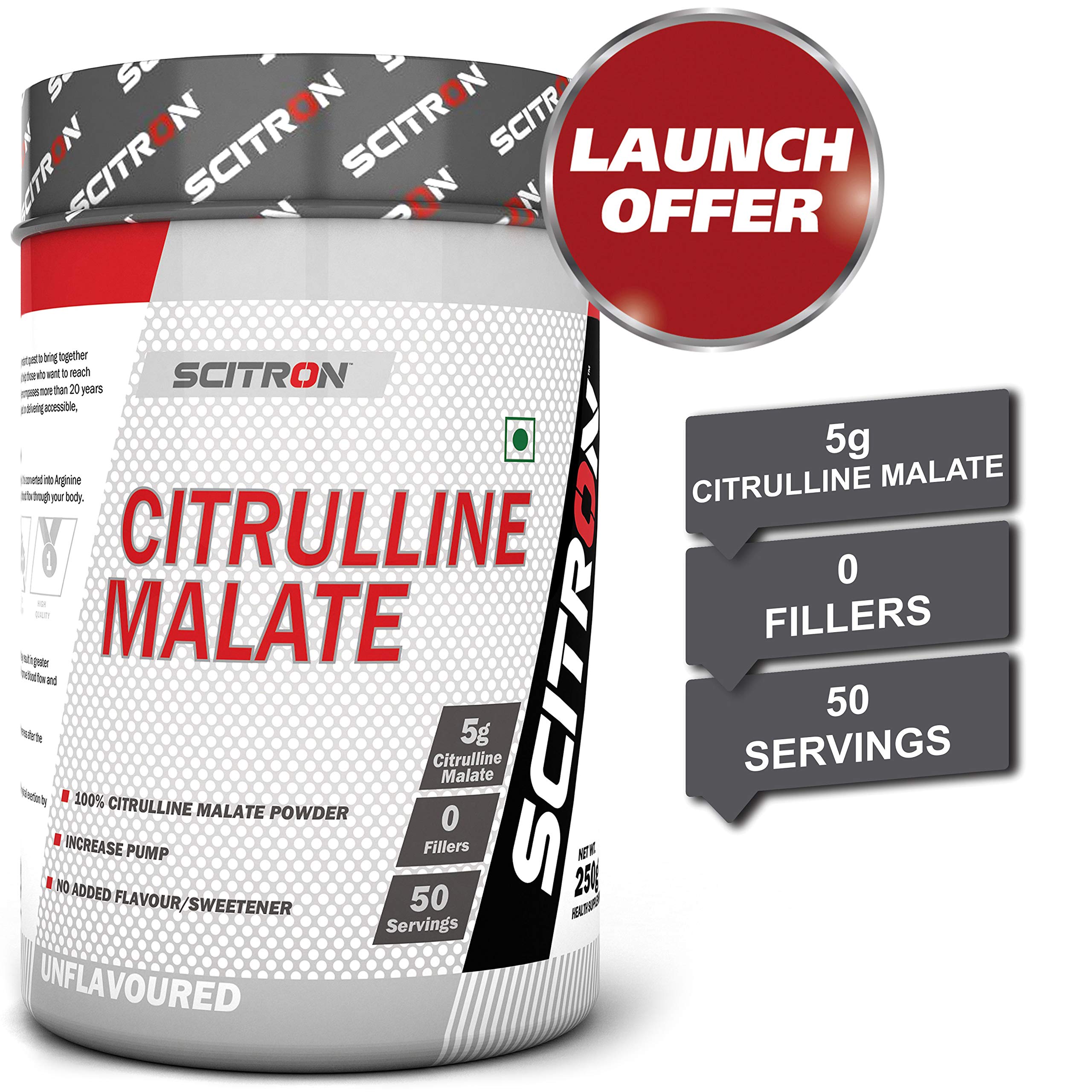 Scitron Citrulline Malate (50 Servings, 5g Citrulline Malate, 0 Fillers, No Added Flavour & Sweetener, Increase Pump) 250g