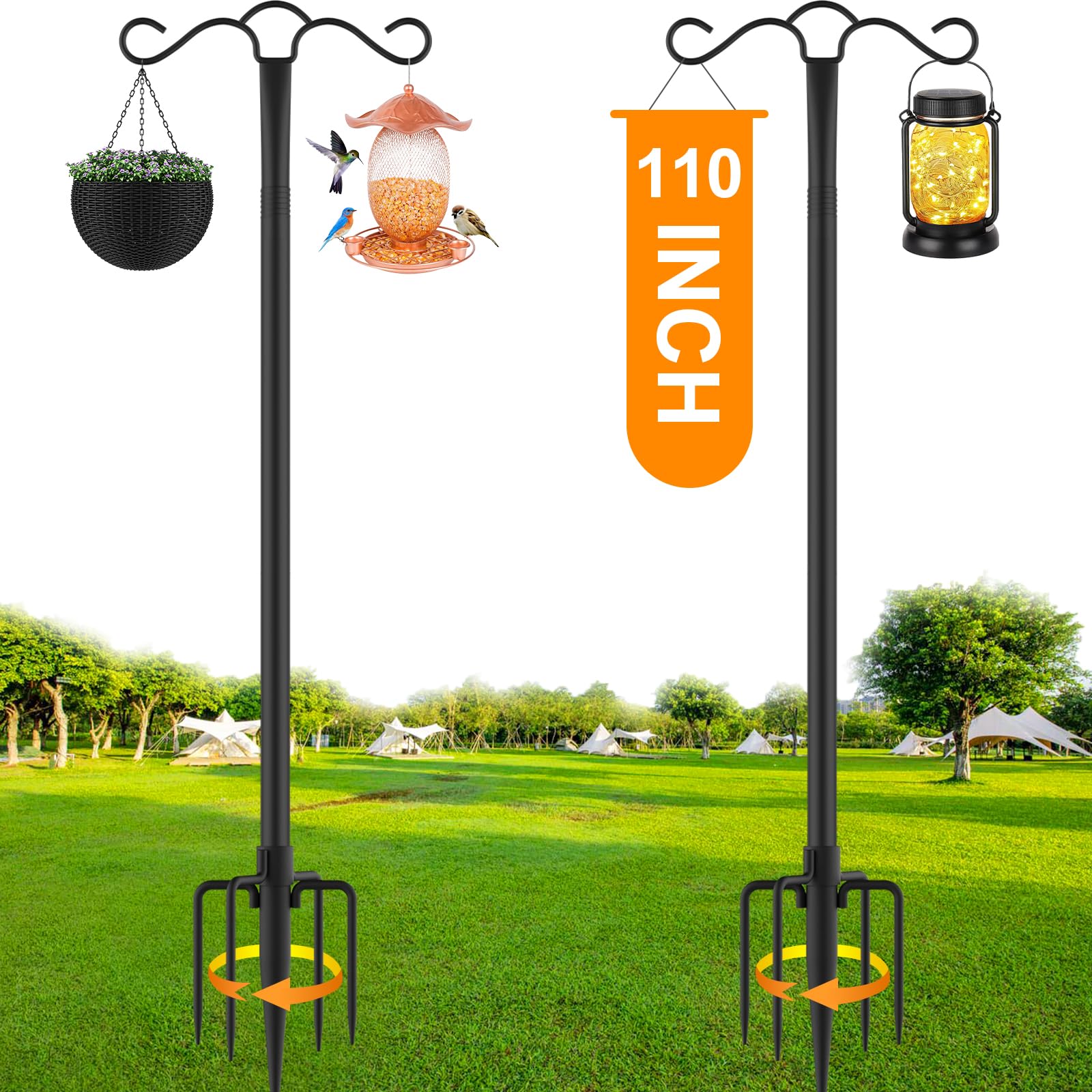 Double Shepherds Hook for Outdoor with 5 Prong Base 110 Inch Heavy Duty Two Sided Bird Feeder Pole for Hanging Lantern,Hummingbird Feeder,Lightweight Plant,Shepherds Hook for Bird Feeders for Outside