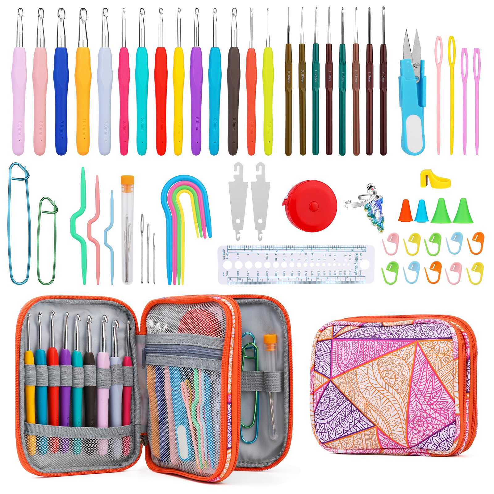 FTEVEN 75 Pcs Crochet Hook Set, Crochet Hooks with Ergonomic Soft Grip Handle, Complete Crochet Accessories in Storage Bag Suitable for Beginners and Crochet Enthusiasts