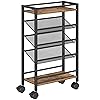 YATINEY 5 Tier Bookshelf, Metal Small Industrial Bookcase, Mobile Book Shelf Paper Cart with Wheels, Book Case Display Storage Shelf Organizer for Living Room, Home Office, Rustic Brown SJ01BR