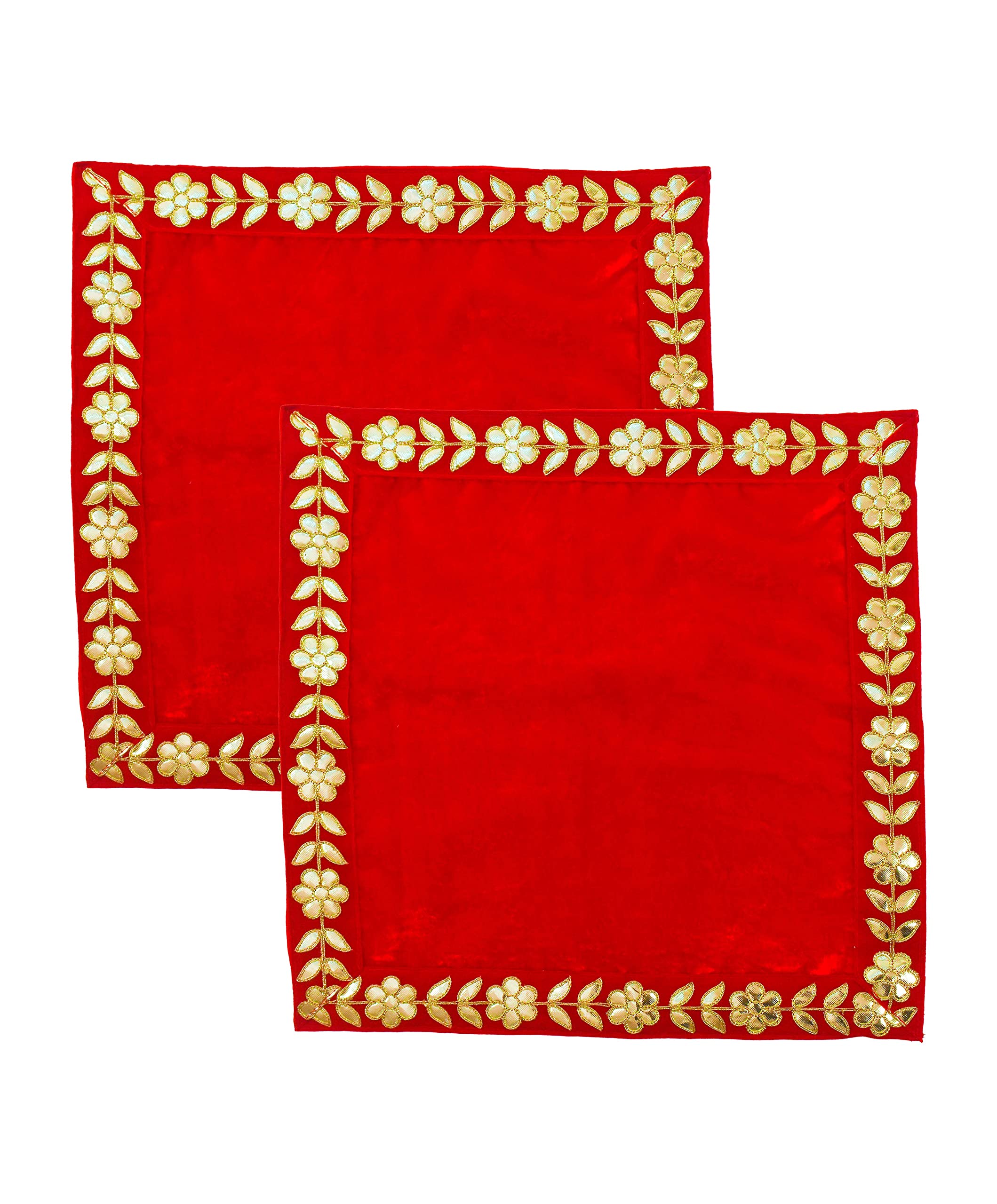 DLC Designer Red Pooja Cloth for God, Velvet Altar Cloth for Puja, Pooja Aasan for mandir | Pack of 2 | Size 16x16