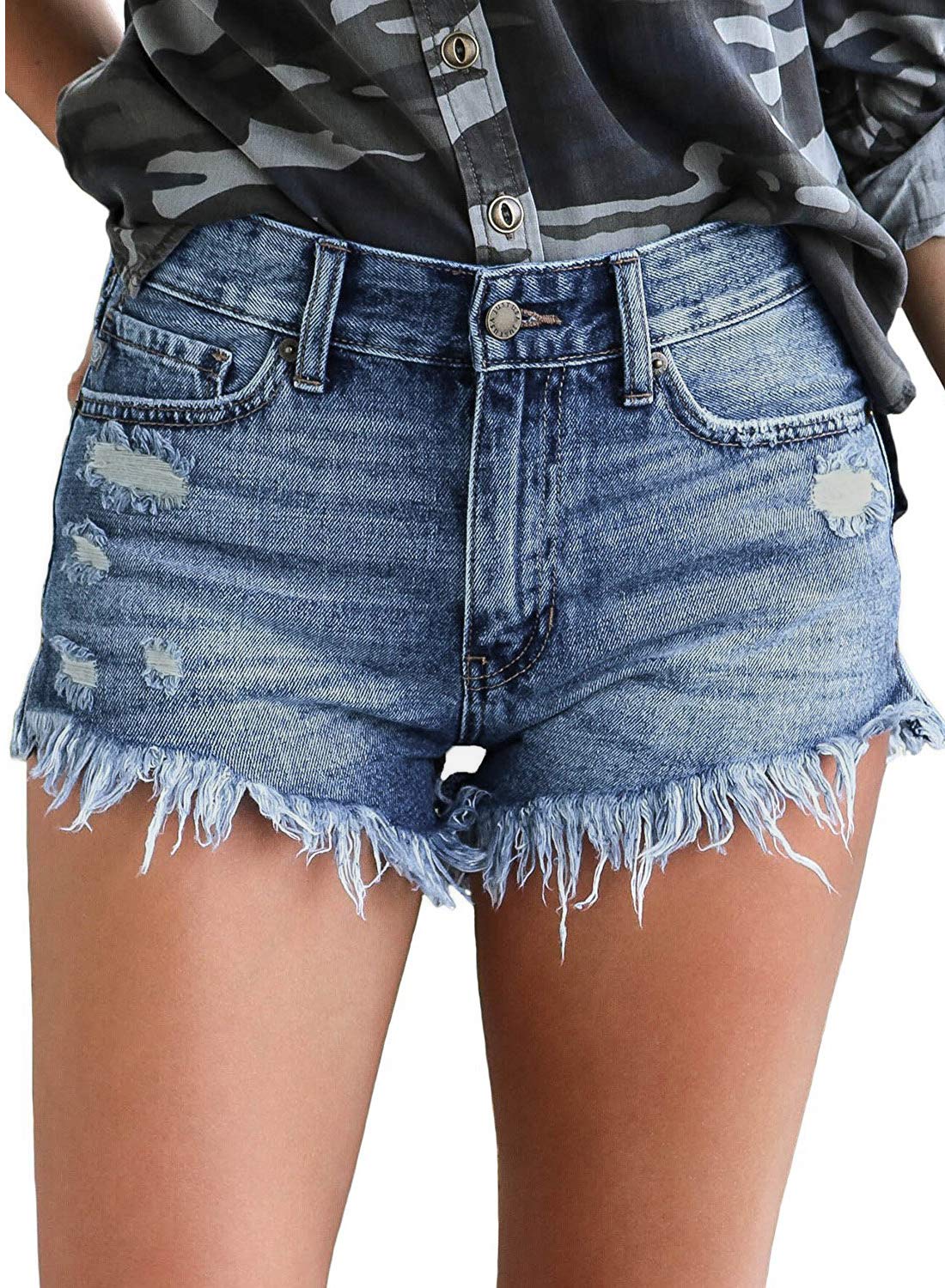 luvamia Women Casual High Waisted Denim Shorts Frayed Raw Hem Ripped Jeans Shorts