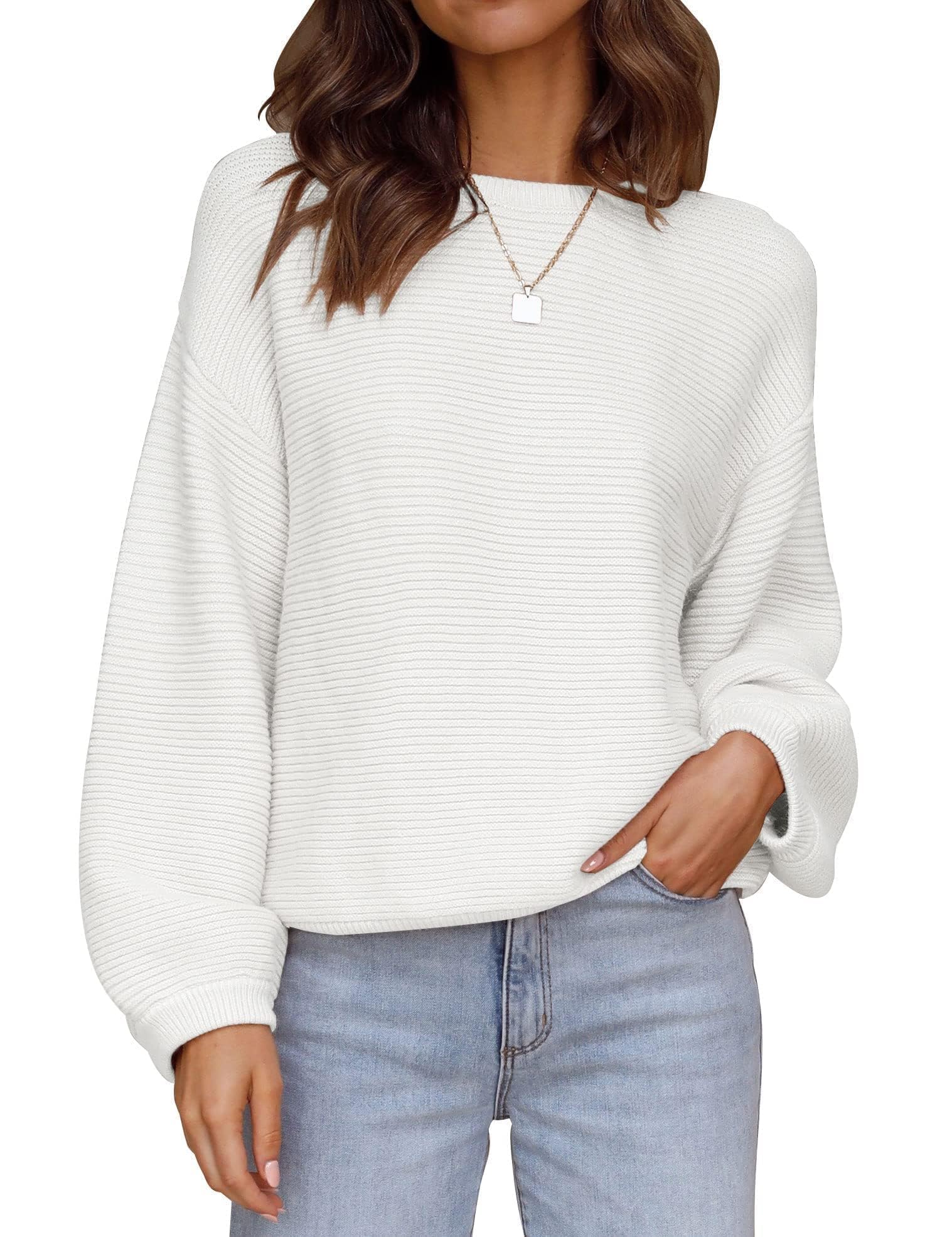 ZESICAWomen's 2024 Crew Neck Long Lantern Sleeve Casual Loose Ribbed Knit Solid Soft Pullover Sweater Tops