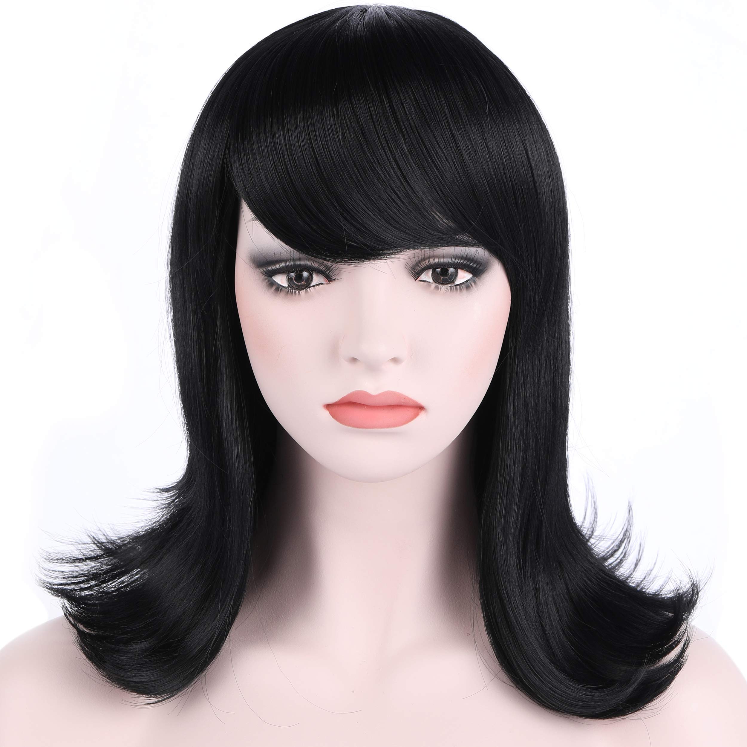 OnedorWomen's Short Black Straight Hair 50s Cosplay Flip Wigs with Flat Bangs (Black)