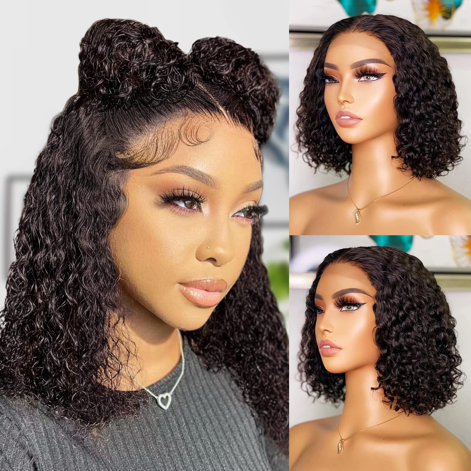 Jessica Hair 360 Lace Frontal Wigs Human Hair Transparent Lace Curly Lace Wigs for Black Women 180% Density Brazilian Remy Human Hair Pre Plucked with Baby Hair (16 Inch)