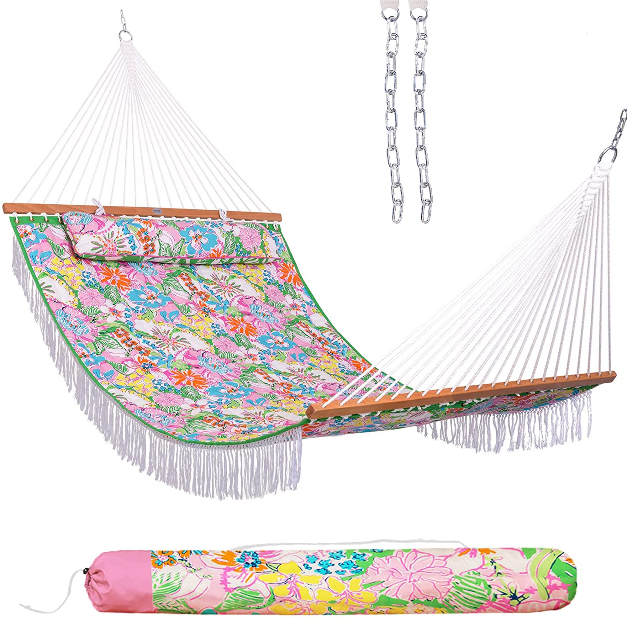 LazyDaze Hammocks 55" Double Quilted Fabric Hammock Swing with Pillow Spread Bar Heavy Duty Stylish, Floral