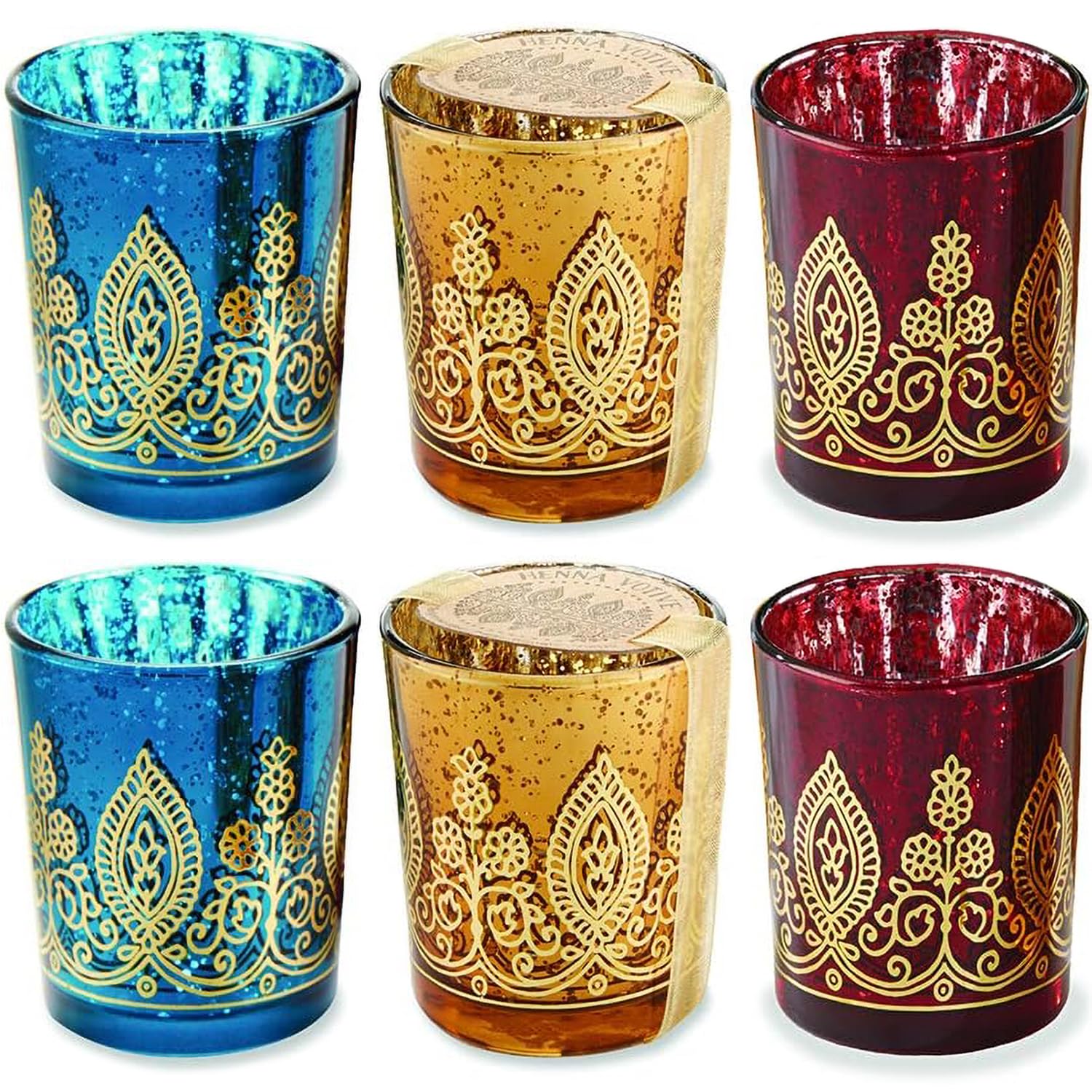 Kate Aspen 20205NA Tealight Henna Glass Votive Candle Holders, Indian Wedding Decorations and Party Favors (Set of 6), Assorted